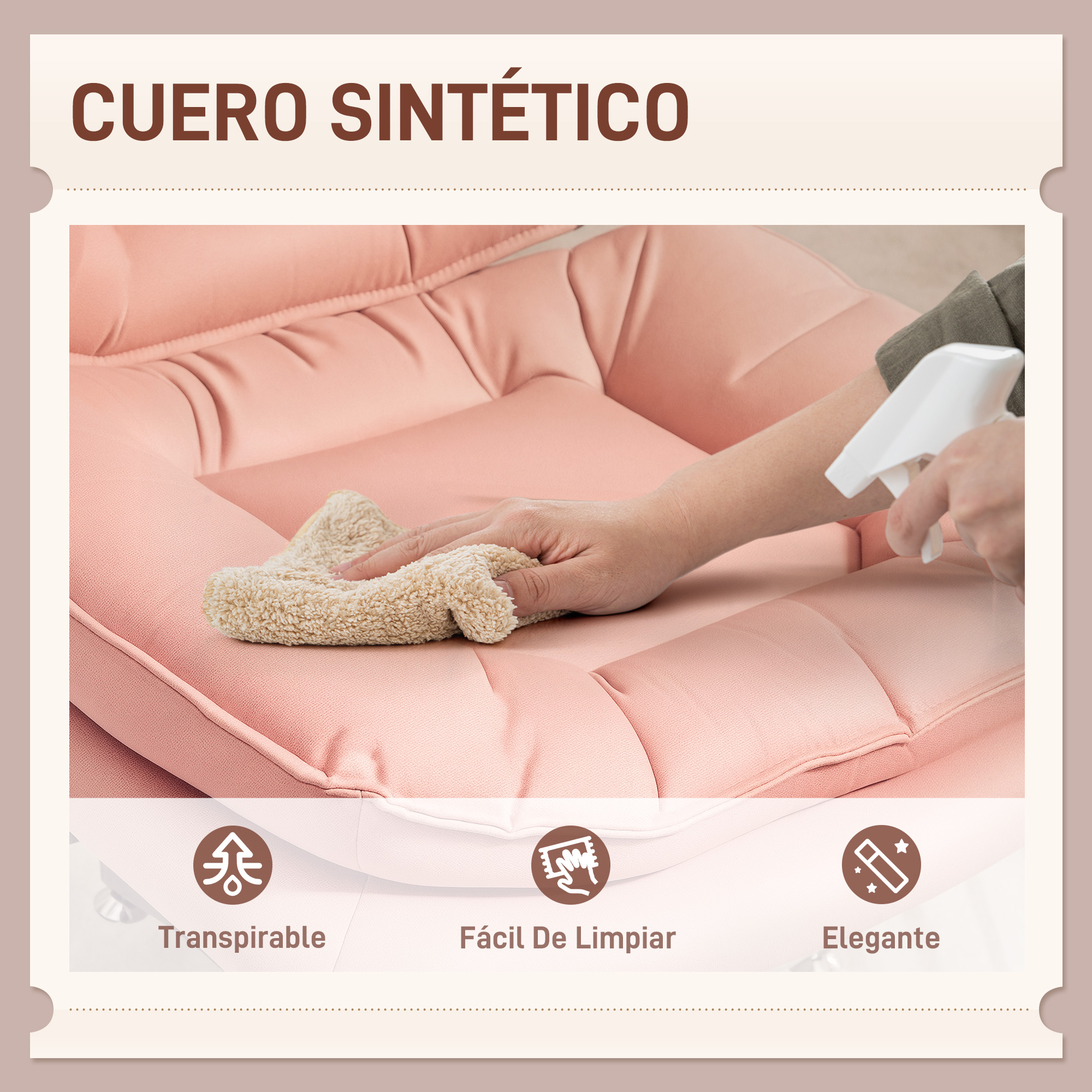 Mano limpiando cuero sintético rosa con un paño. Botella rociadora al fondo.