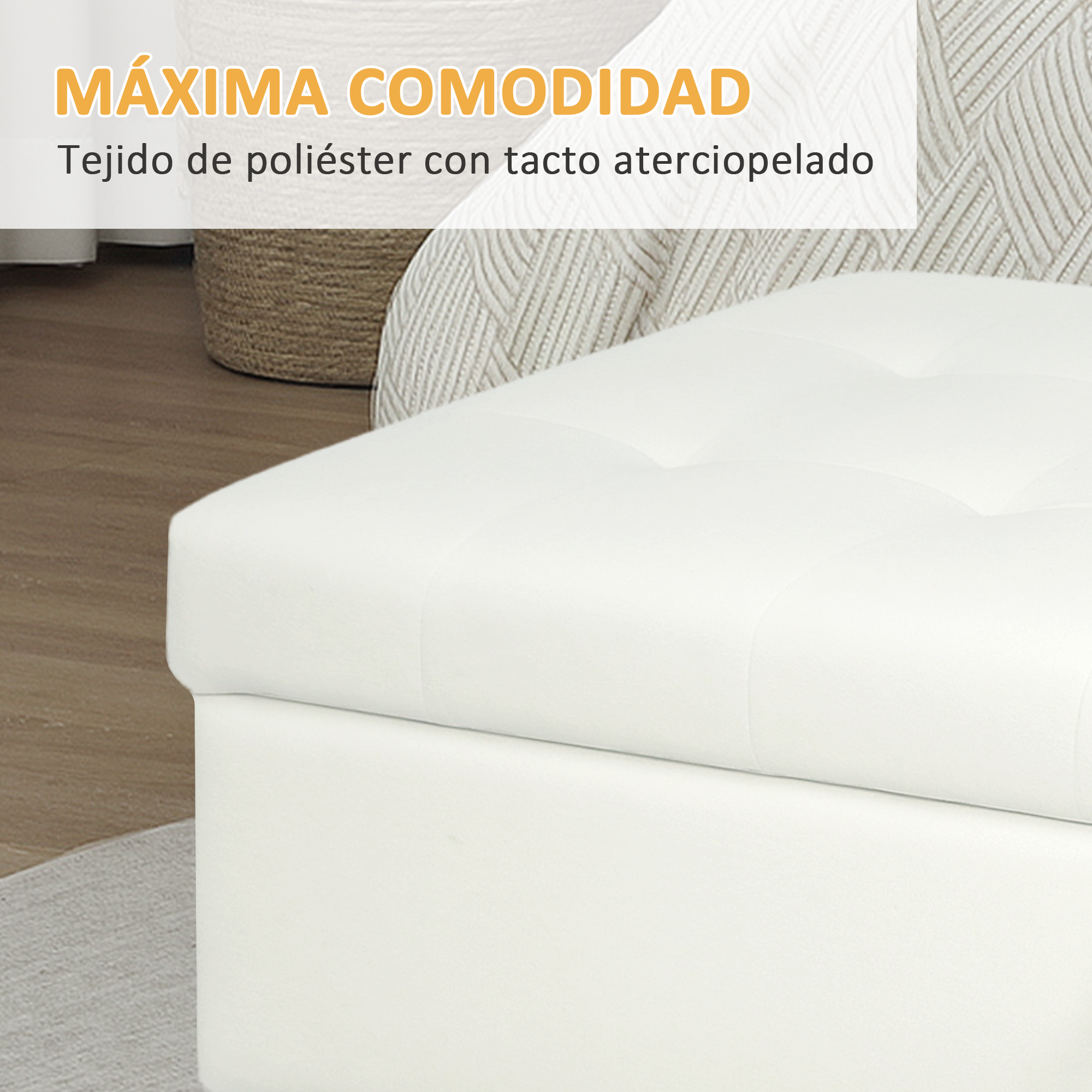 Un otomana blanco con tachuelas junto a una cesta. Máxima comodidad.