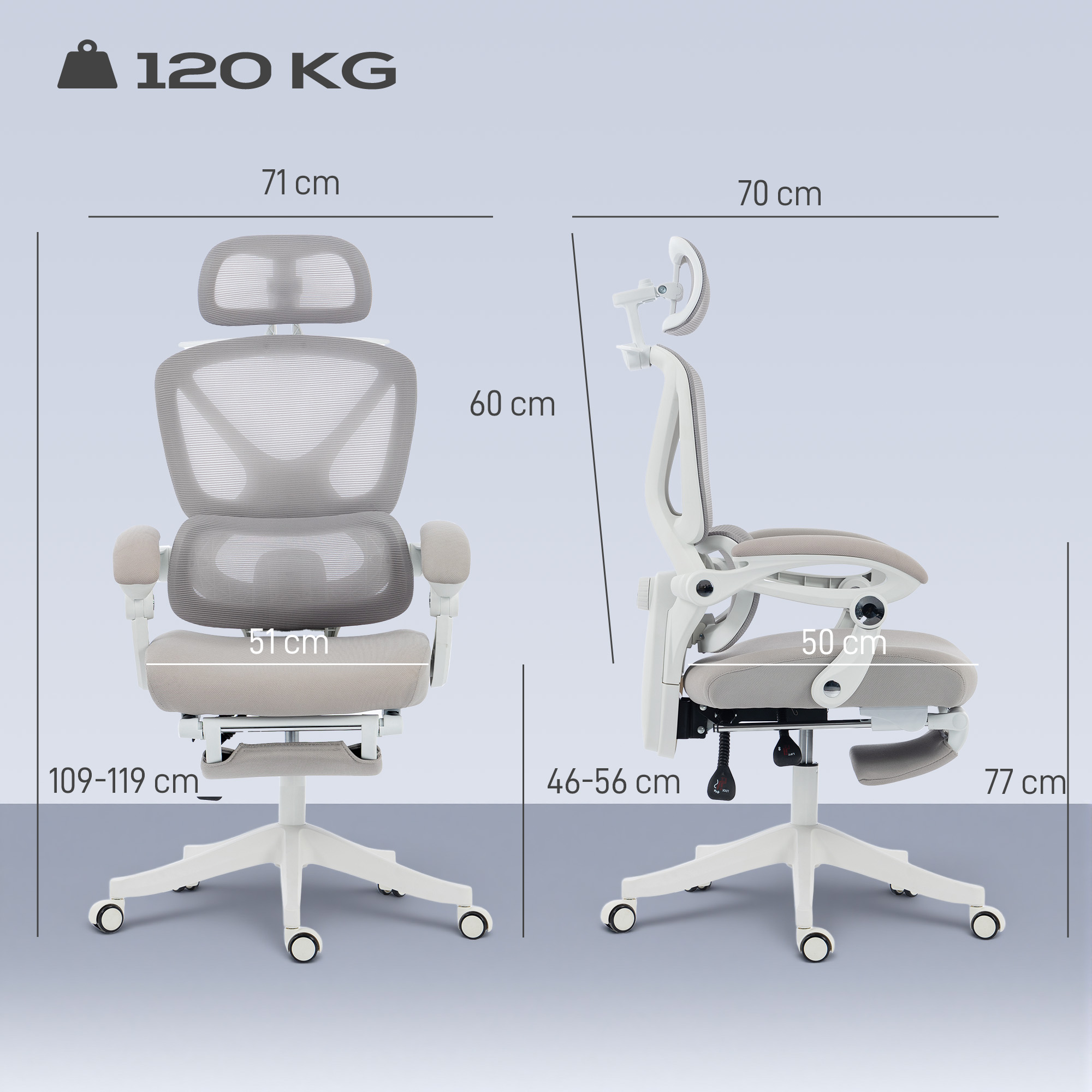 Vistas frontal y lateral de una silla de oficina ergonómica gris con dimensiones y 120 kg de peso máx.