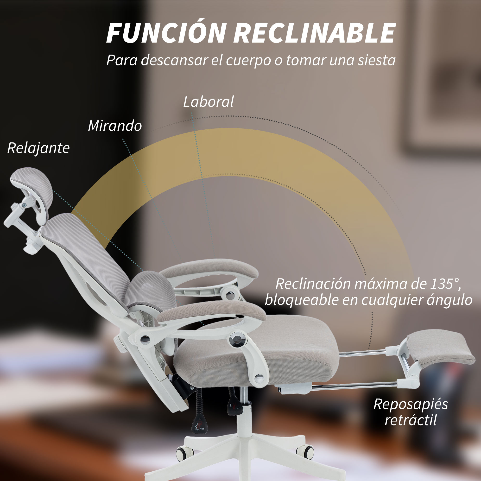 Una silla de oficina blanca moderna con reclinación ajustable y reposapiés retráctil.