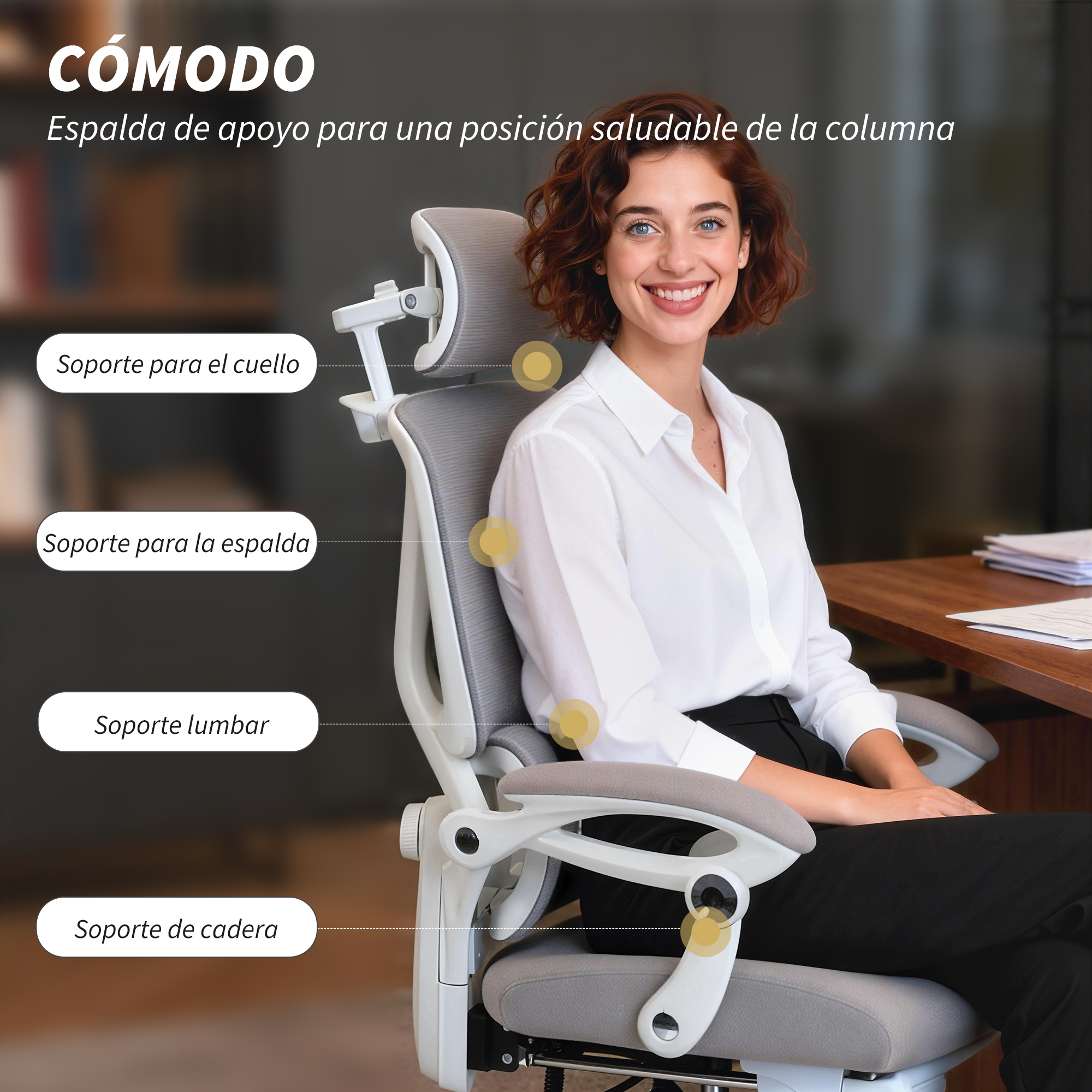 Una mujer sentada en una silla ergonómica, con etiquetas que indican soporte de cuello, espalda, lumbares y cadera.
