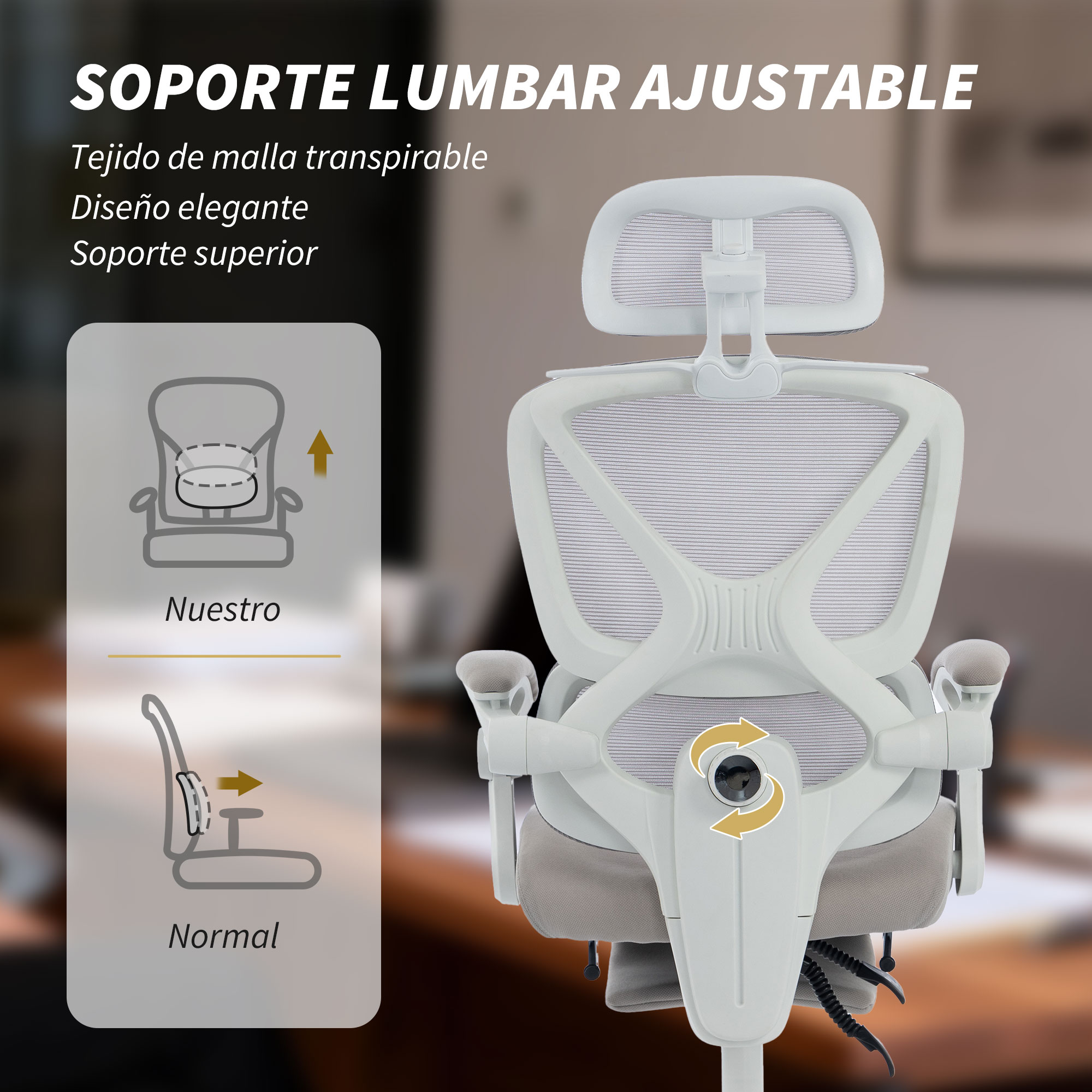Silla de oficina blanca con soporte lumbar ajustable y respaldo de malla.