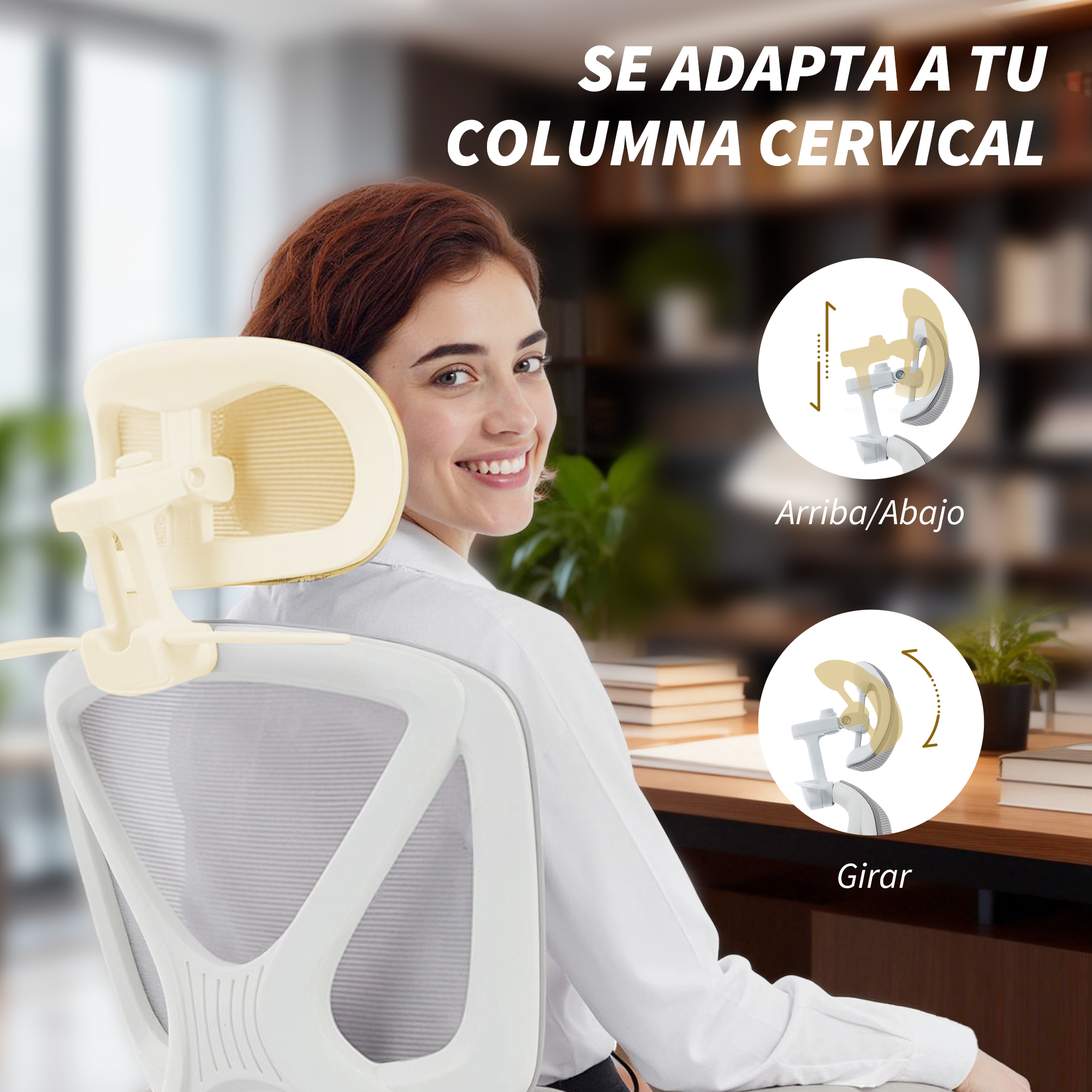 Una mujer sentada en silla de oficina con reposacabezas ajustable. Gráficos muestran ajustes.