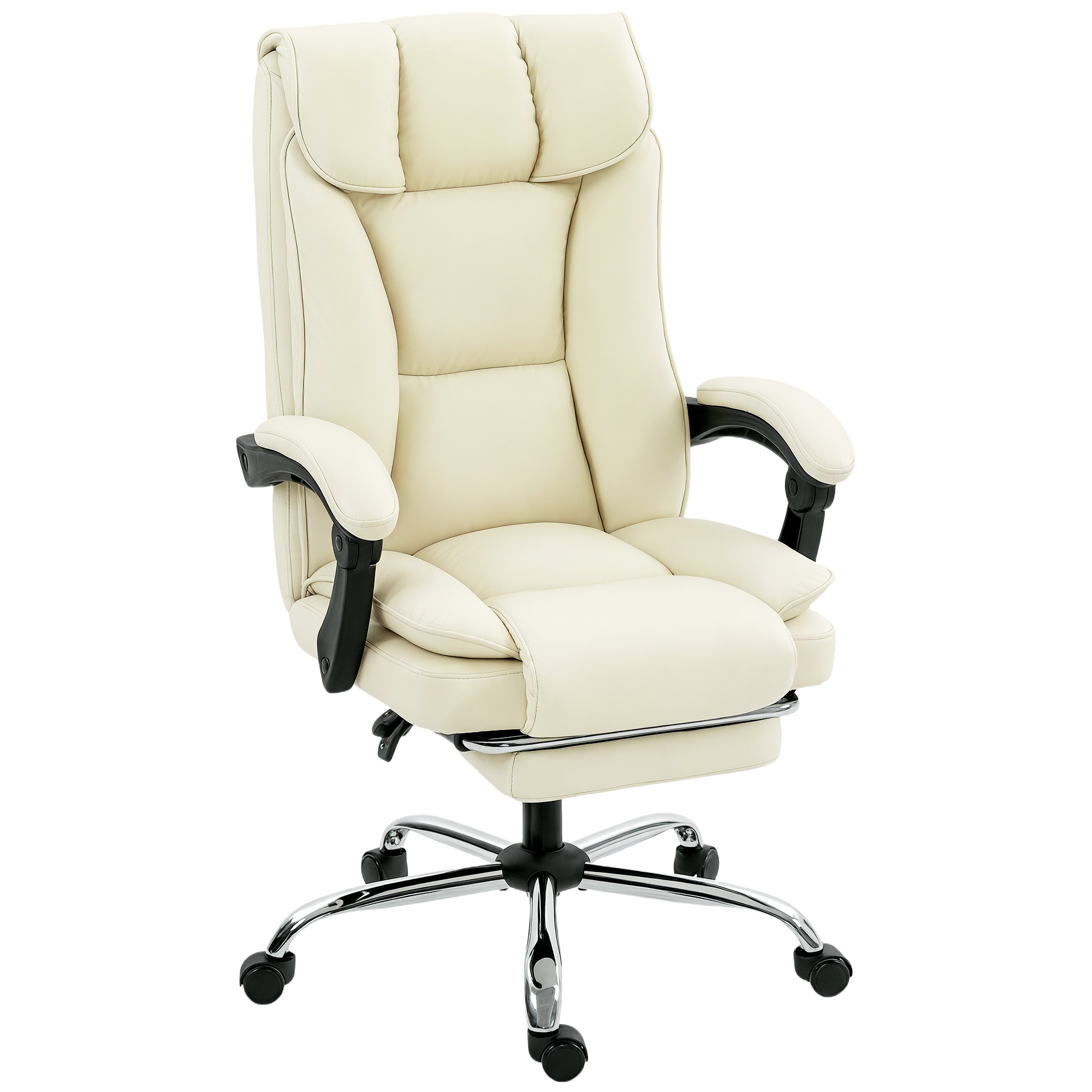 Una sedia da ufficio color crema con poggiapiedi e ruote.