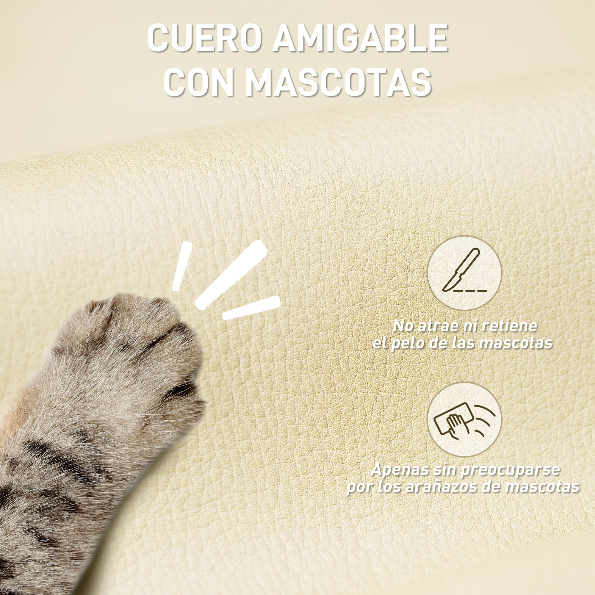 Pata de gato en cuero claro. Amigable con mascotas, no atrapa pelo, resistente.