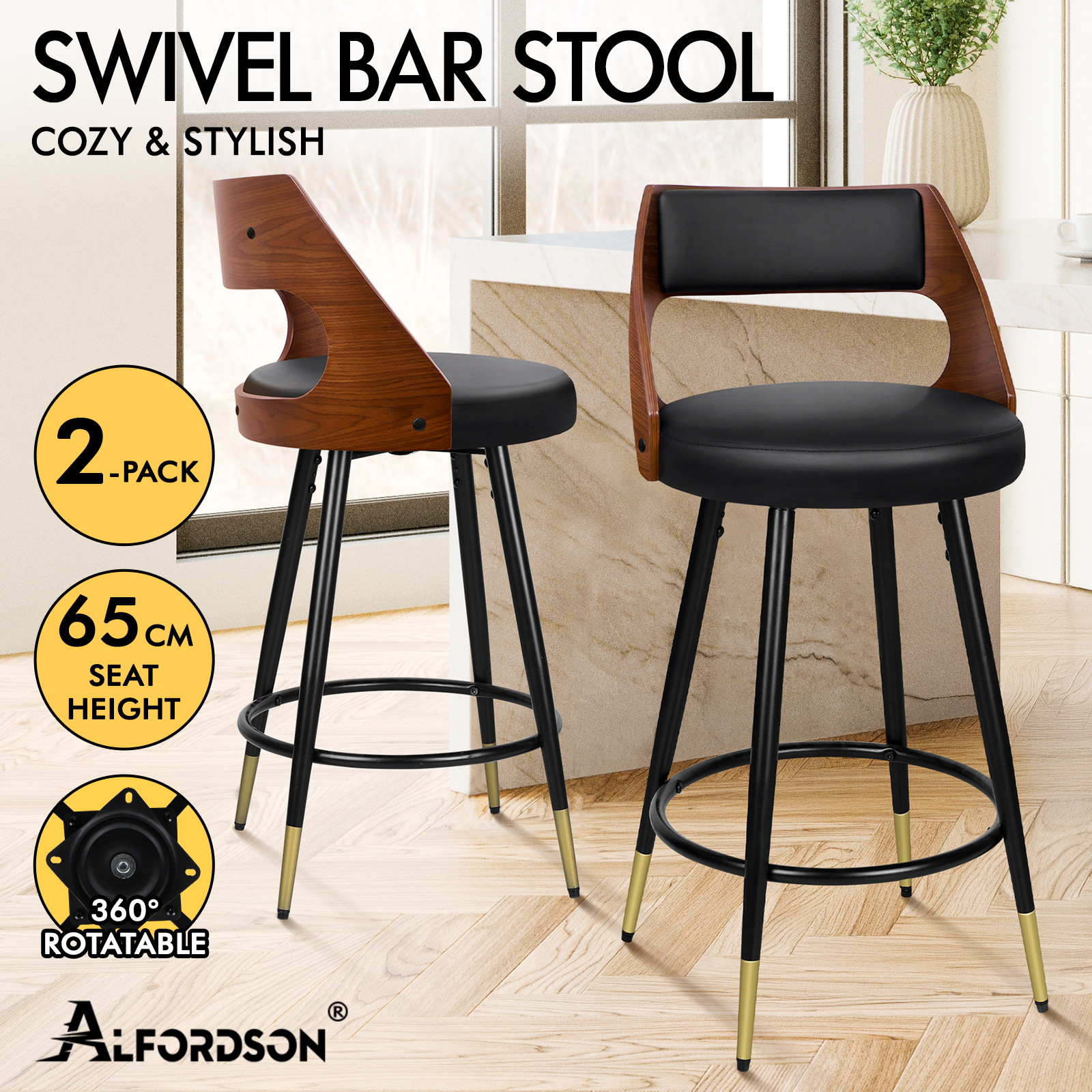 Zwei schwarze Barhocker mit Holzdetail und goldenen Füßen.