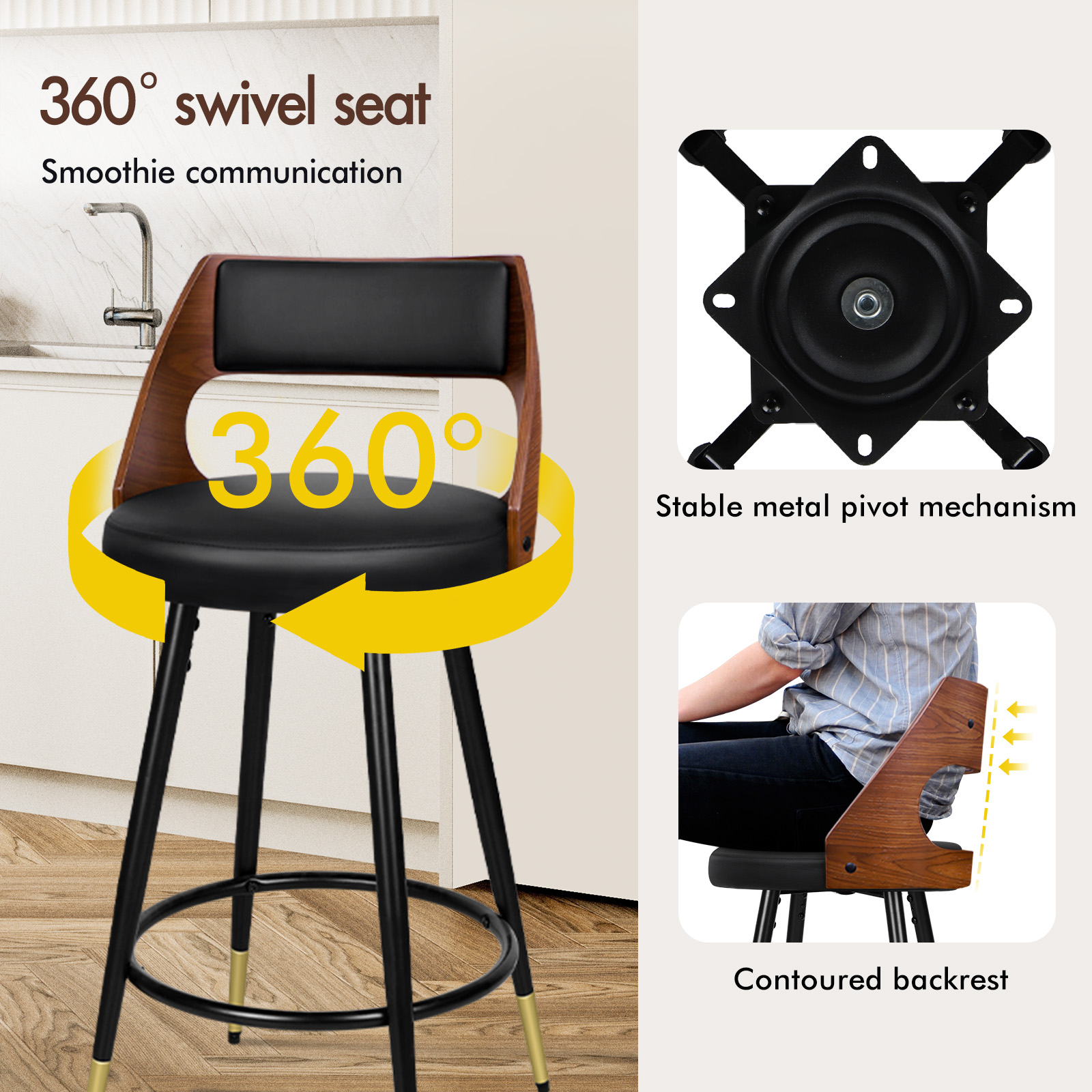 Ein schwarzer Barhocker mit Holzdetail und einem 360-Grad-Drehsitz.
