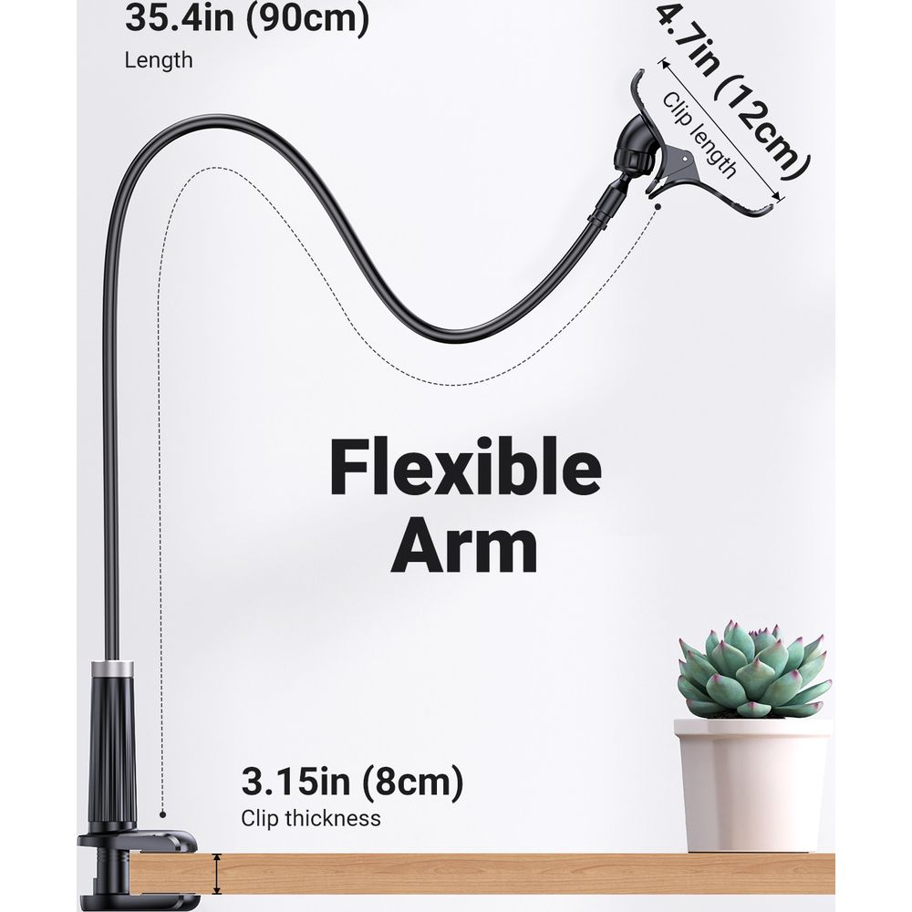 Elastyczne ramię z klipsem, 90cm długości, 12cm długości klipsa, 8cm grubości klipsa.