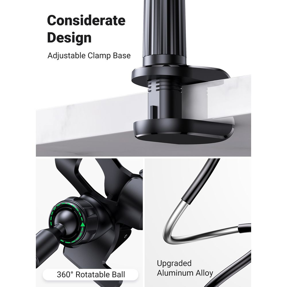 Regulowana podstawa zaciskowa, obrotowa głowica kulowa 360°, ulepszony stop aluminium.