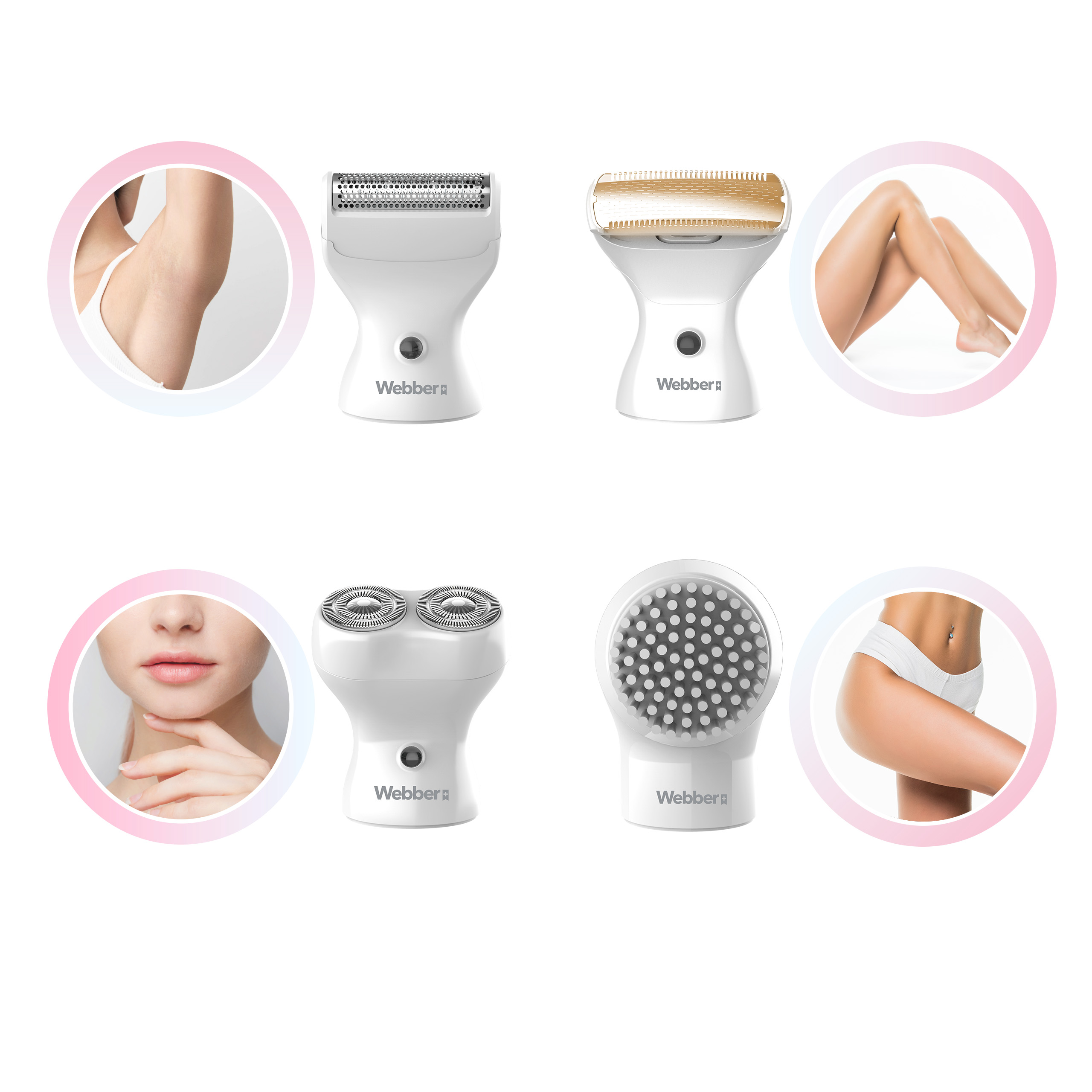 Białe urządzenia do depilacji z różnymi nasadkami i obrazami skóry.