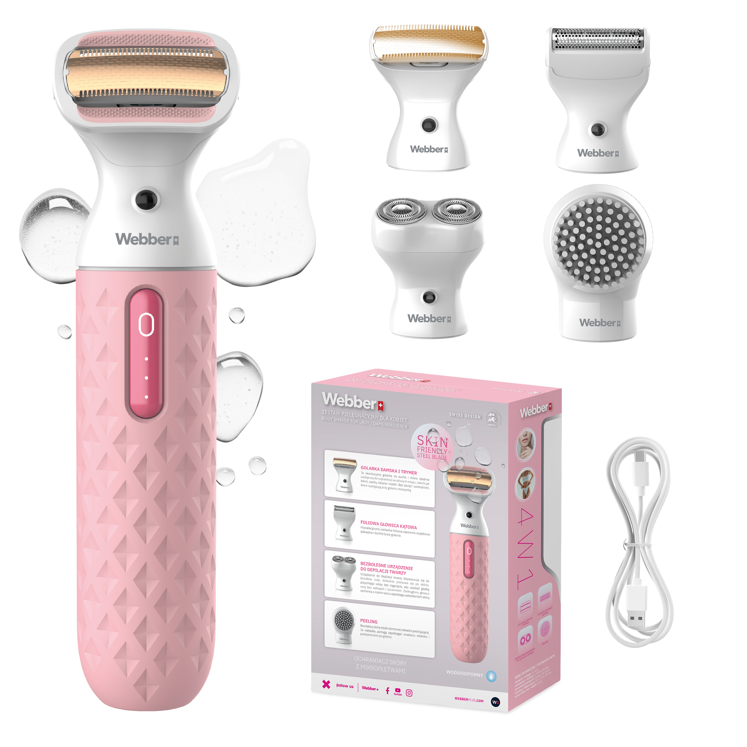 Różowa i biała maszynka do golenia dla kobiet z nasadkami i opakowaniem na białym tle.