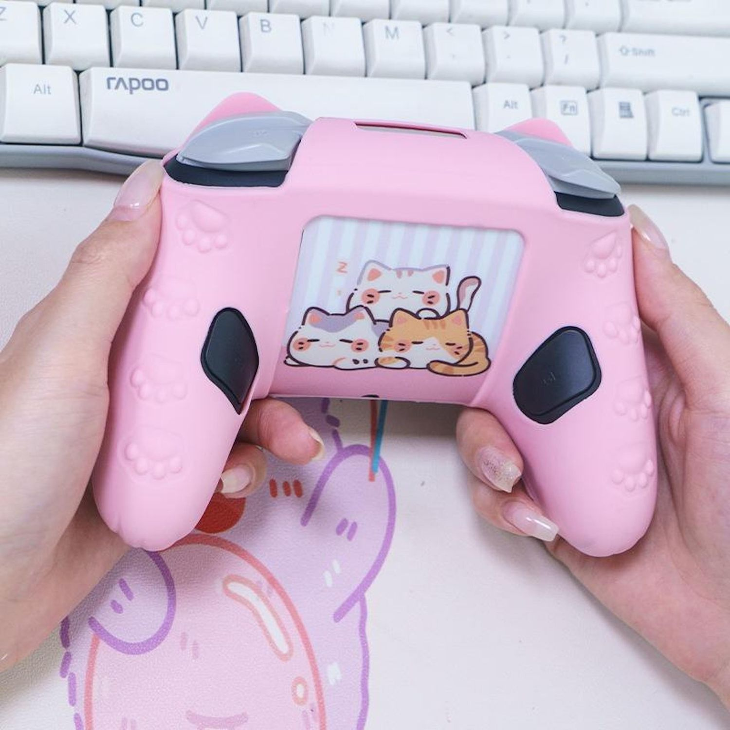 Eine Person hält einen rosa Controller mit Katzenmotiv. Tastatur im Hintergrund.