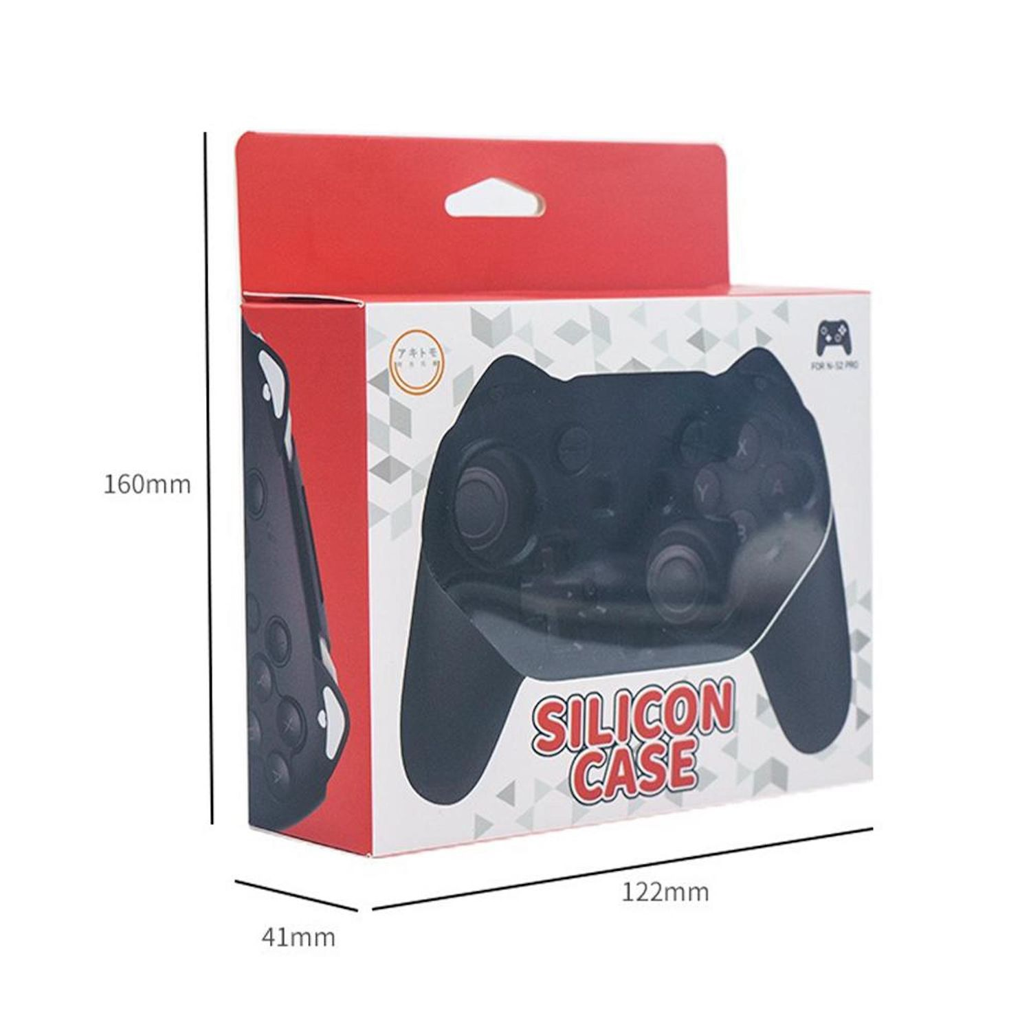 Schwarze Silikonhülle für Controller in roter Verpackung mit Maßen.