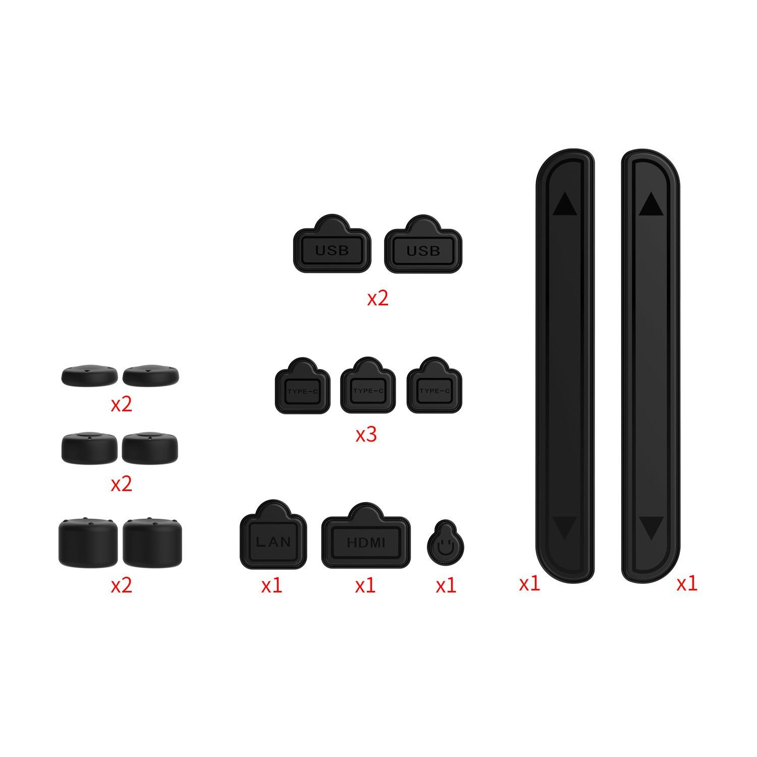 Schwarze Anschlussschutzkappen: USB, Typ-C, LAN, HDMI und zwei lange Kappen.
