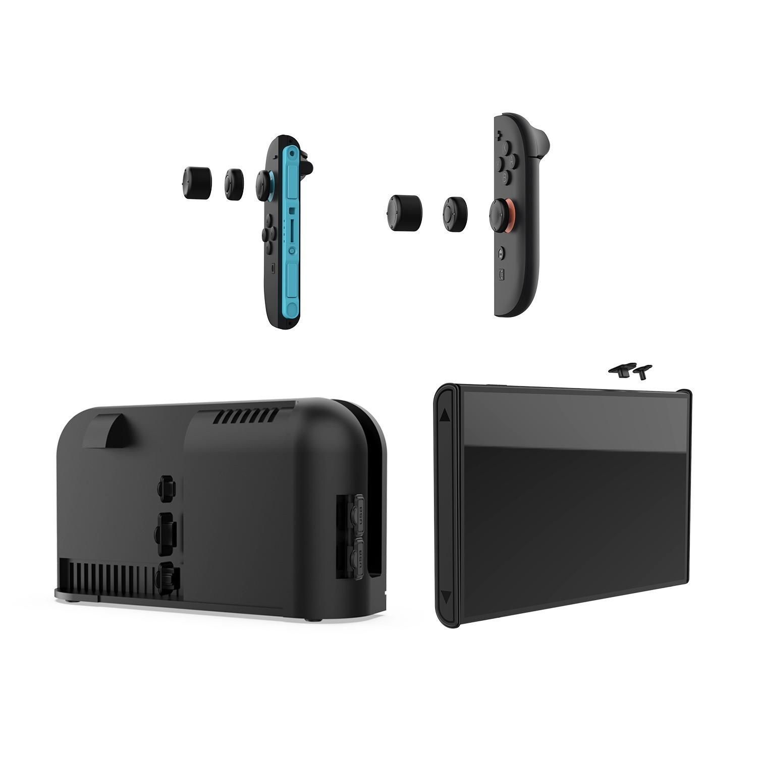 Ein schwarzes Dock, ein schwarzer Bildschirm und blaue/schwarze Controller mit Knöpfen.