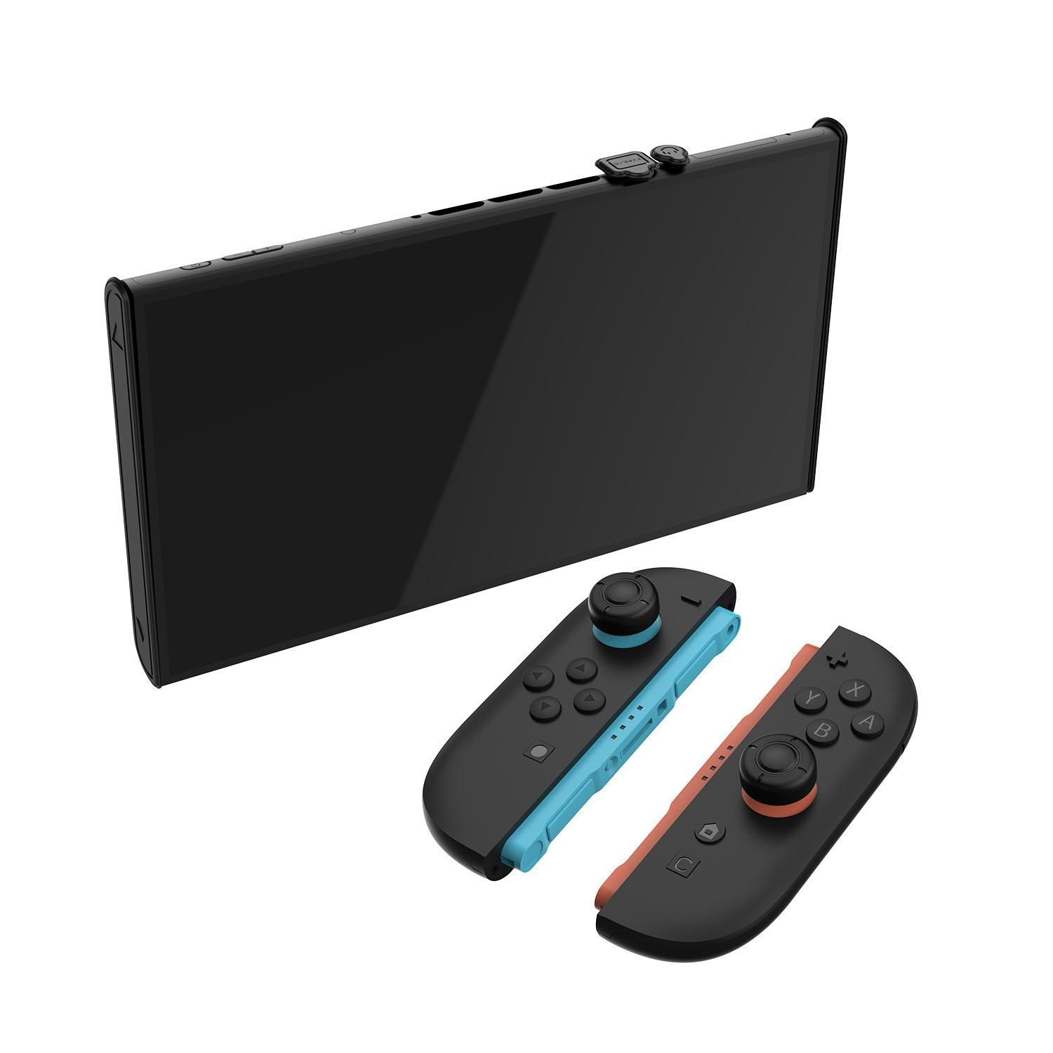 Schwarzes Gaming-Tablet mit zwei abnehmbaren Controllern: blau und orange.