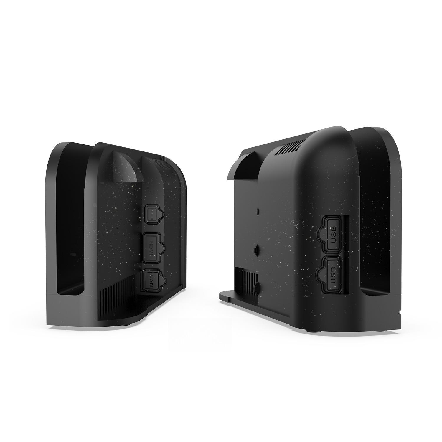 Zwei schwarze Dockingstationen mit Anschlüssen wie USB, HDMI und LAN.