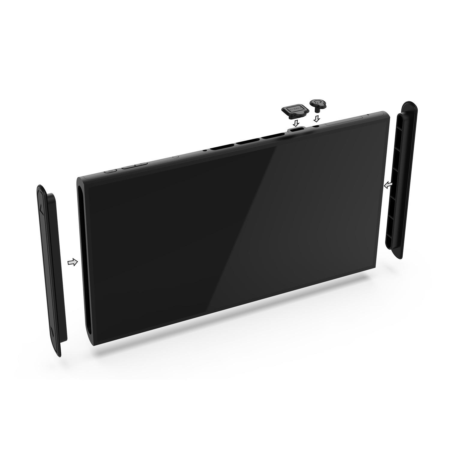 Schwarzes Smartphone mit abnehmbaren Seitenleisten und Anschlüssen.