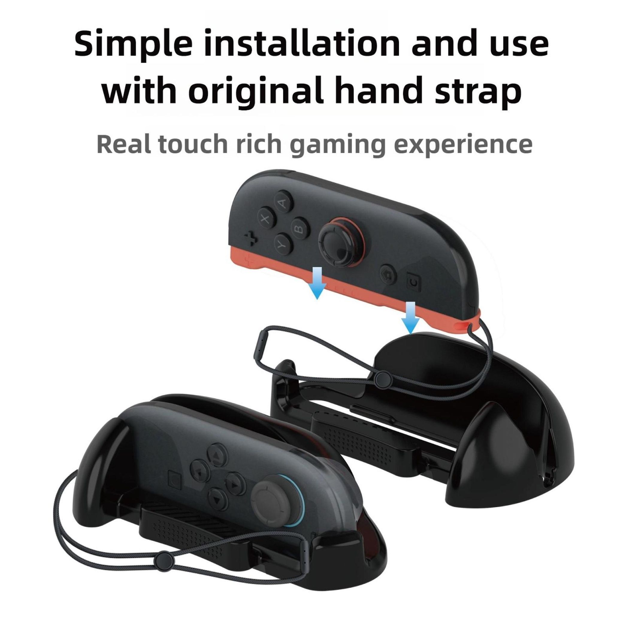 Zwei schwarze Nintendo Switch Controller-Griffe mit Trageband auf weißem Hintergrund.