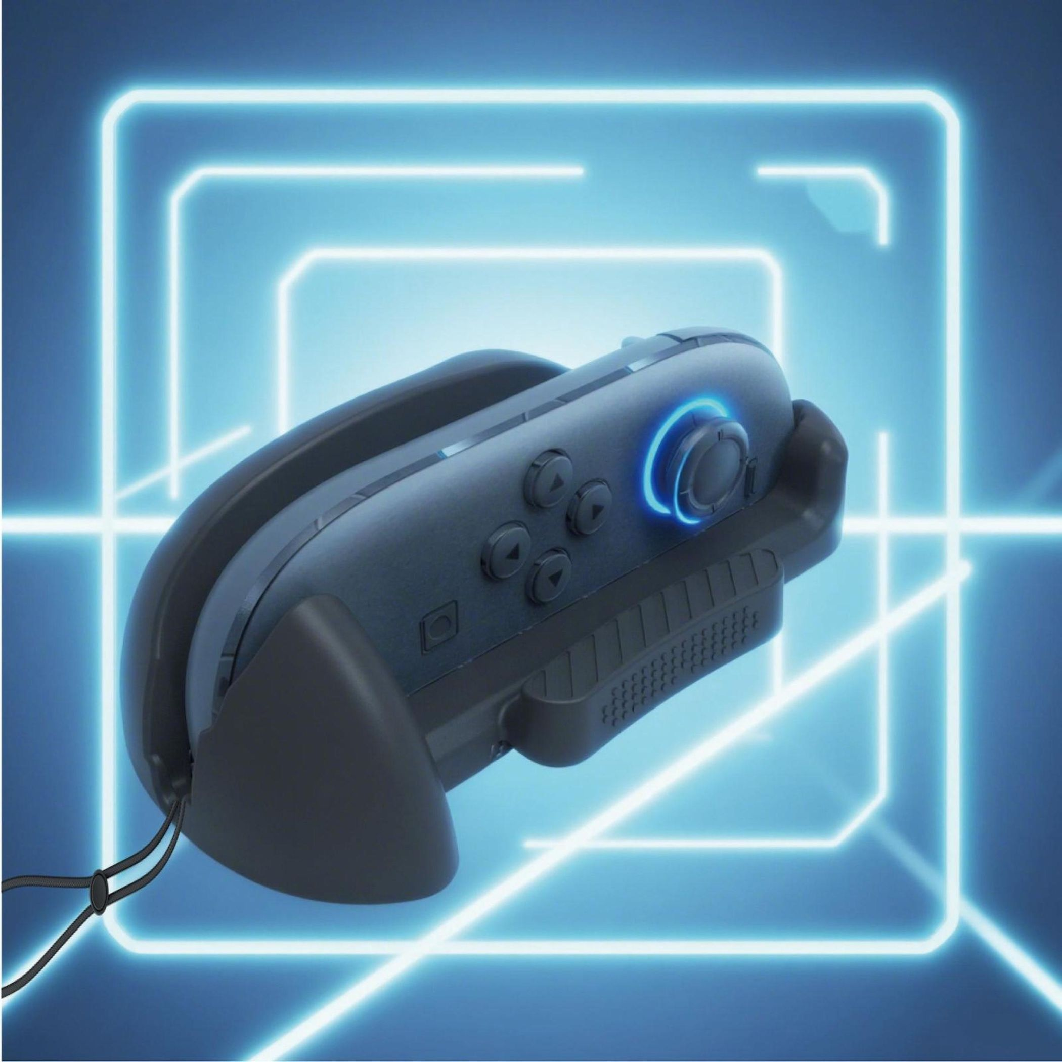Grauer Gamecontroller in einer Ladehalterung mit blauen Neonlichtern im Hintergrund.