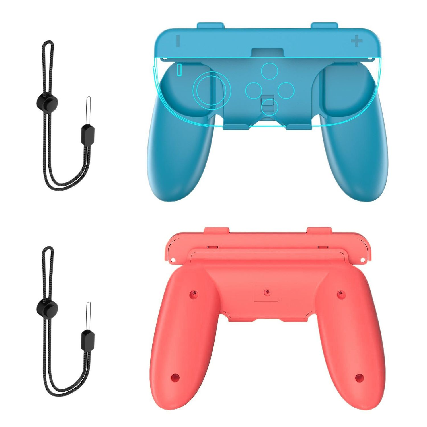 Zwei Controller-Griffe, einer blau und einer korallrot, mit schwarzen Handschlaufen.