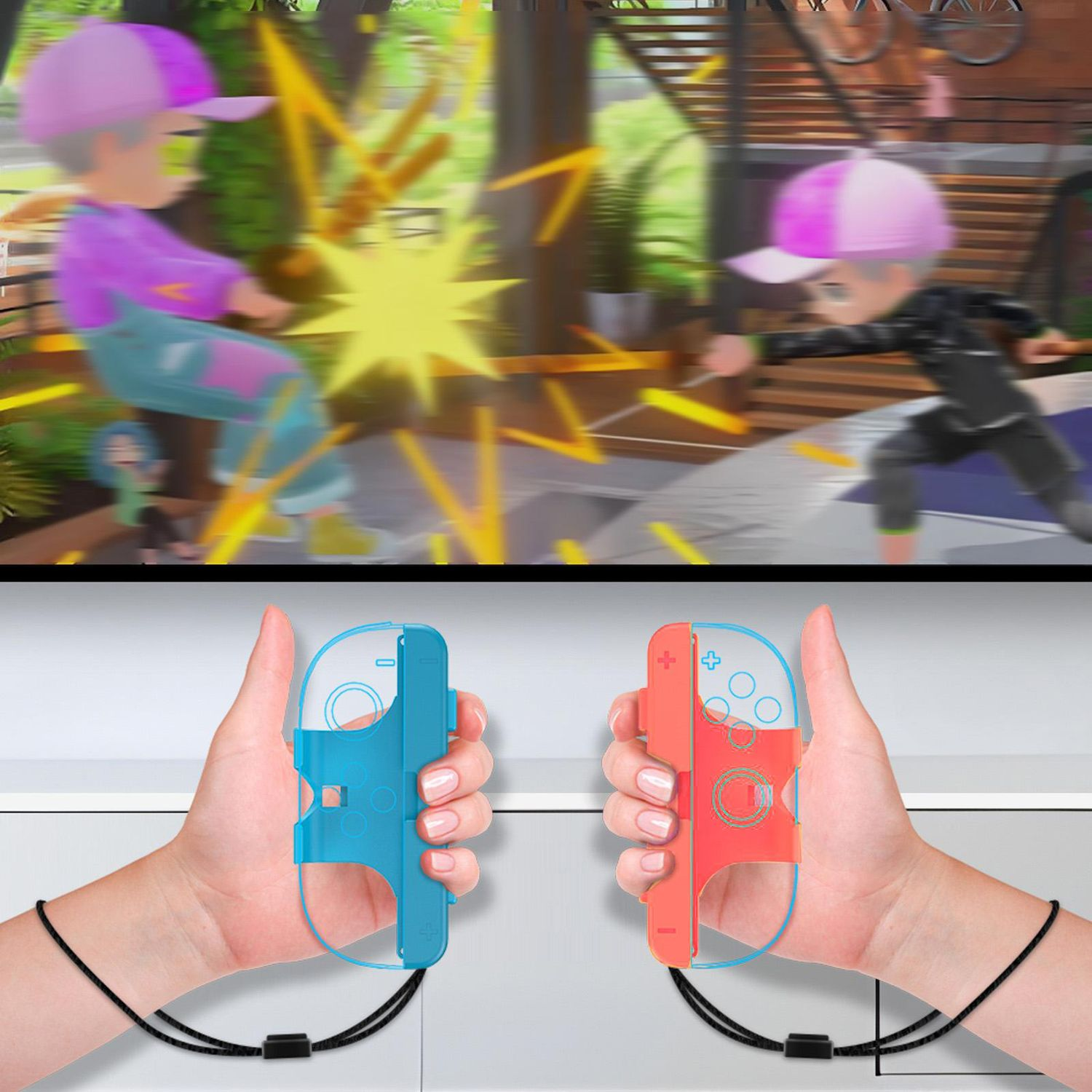 Zwei Hände halten blaue und rote Controller-Griffe vor einem verschwommenen Spielhintergrund.