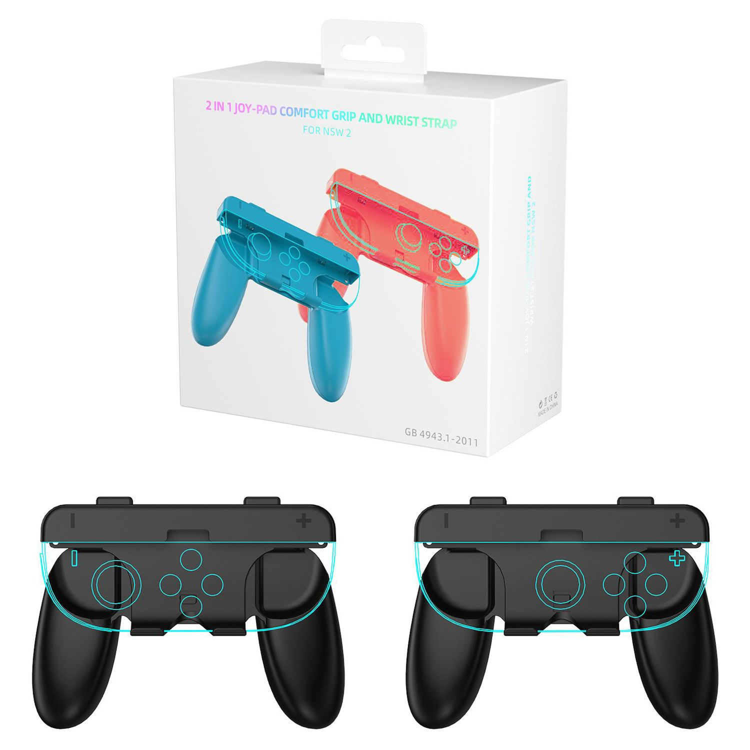 Verpackung zeigt blaue und rote Controller-Griffe; darunter zwei schwarze Controller-Griffe.