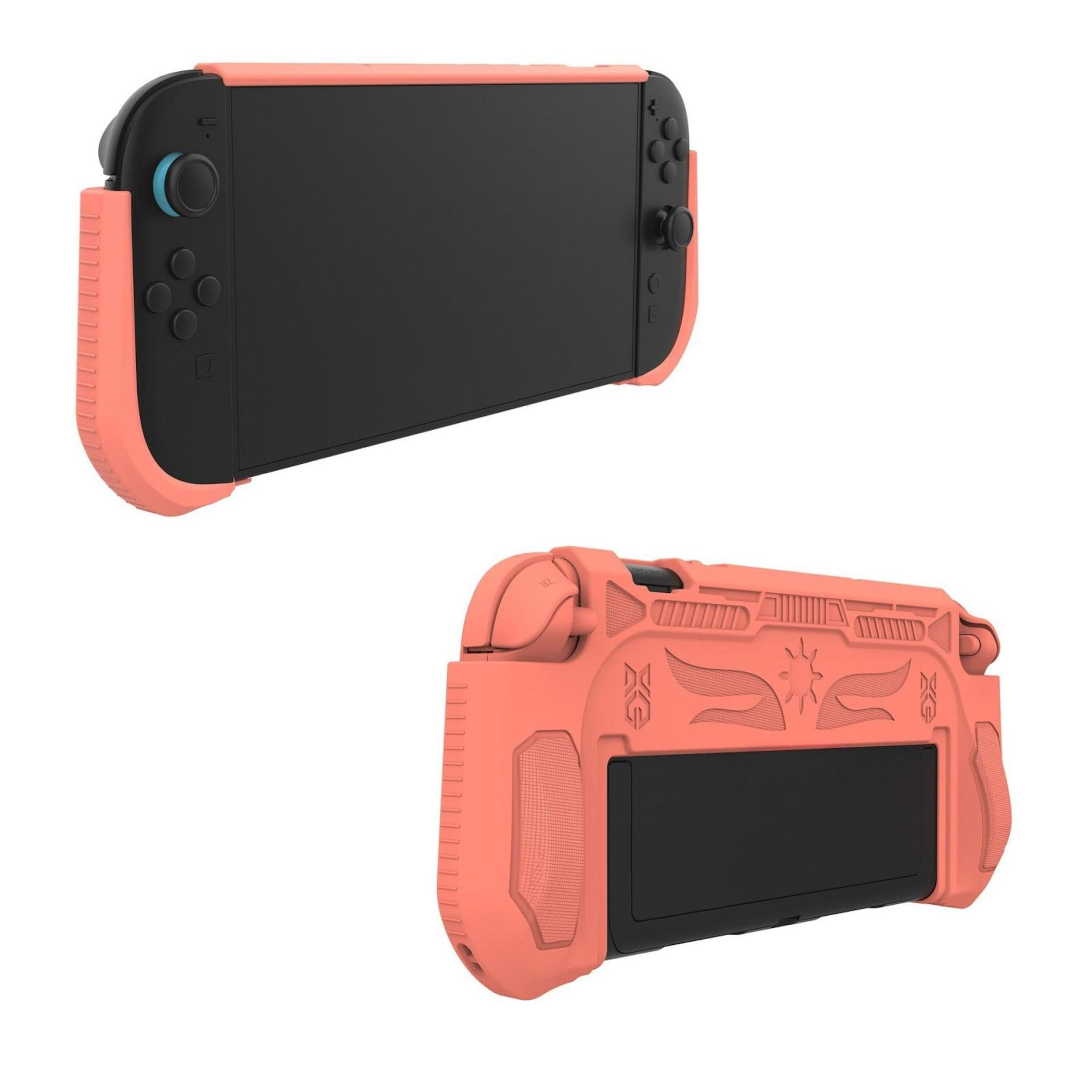 Ein Korallenfarbener Schutz für ein schwarzes Nintendo Switch.