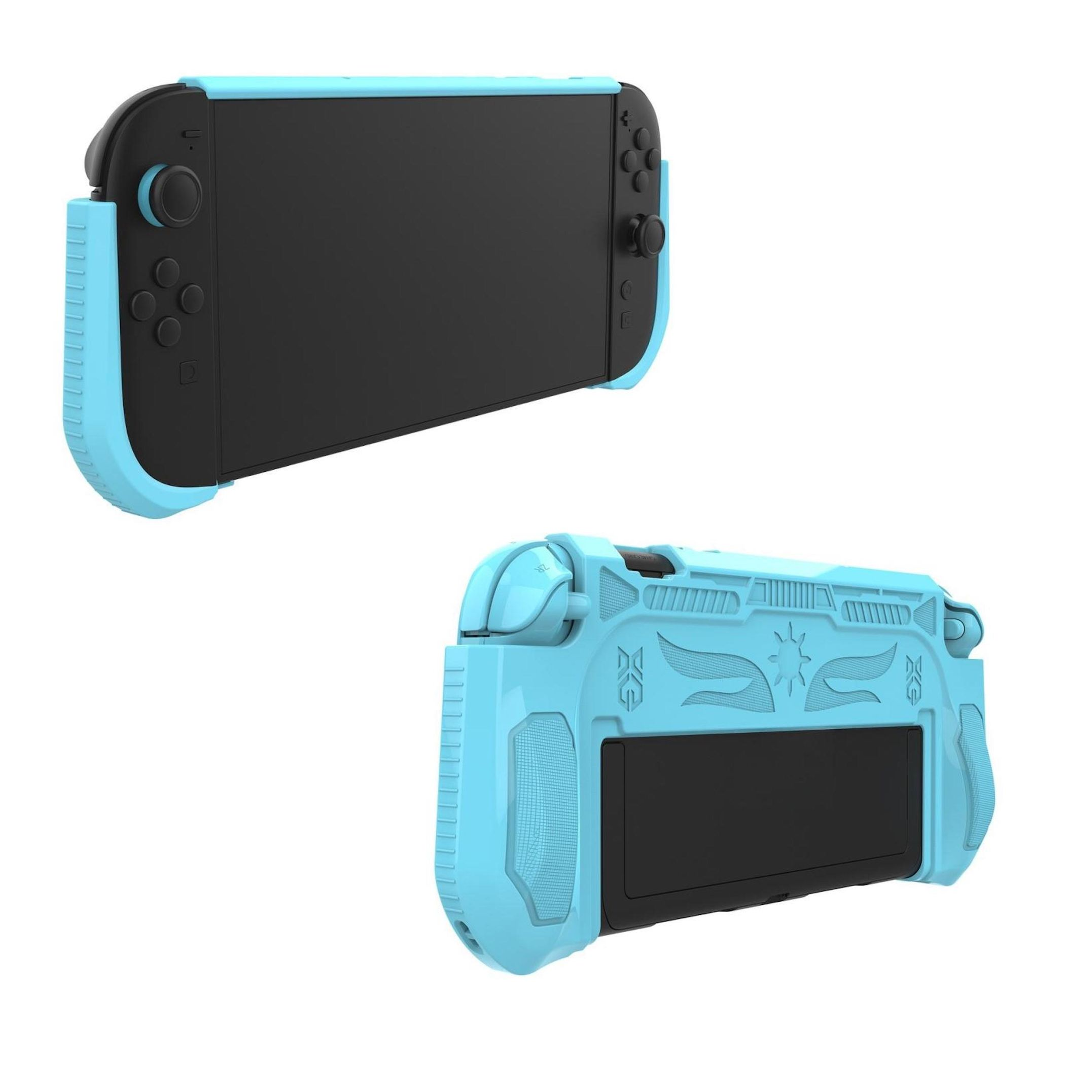 Una funda azul para un dispositivo Nintendo Switch negro, vistas frontal y trasera.