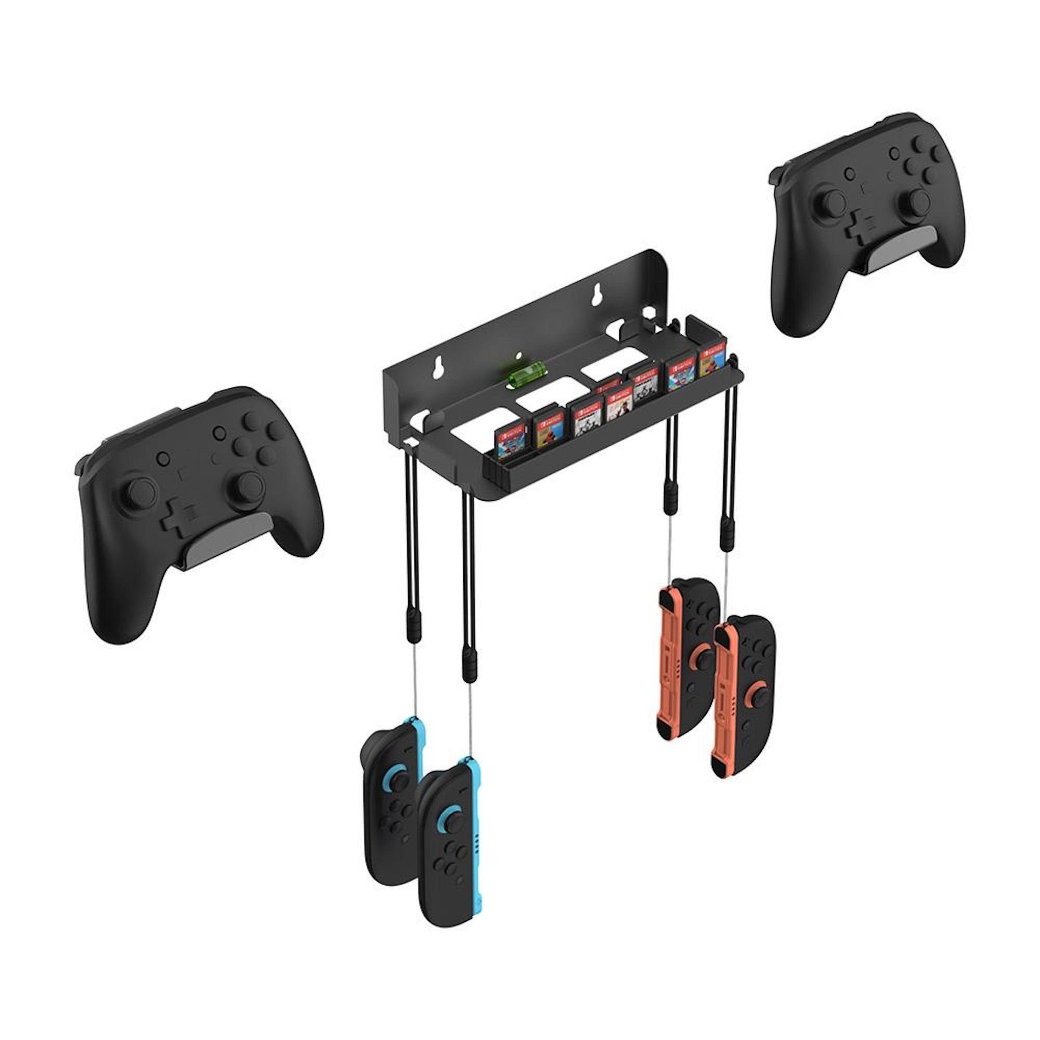 Ein schwarzes Regal für Spiele und Controller, mit zwei Controllern an den Seiten.
