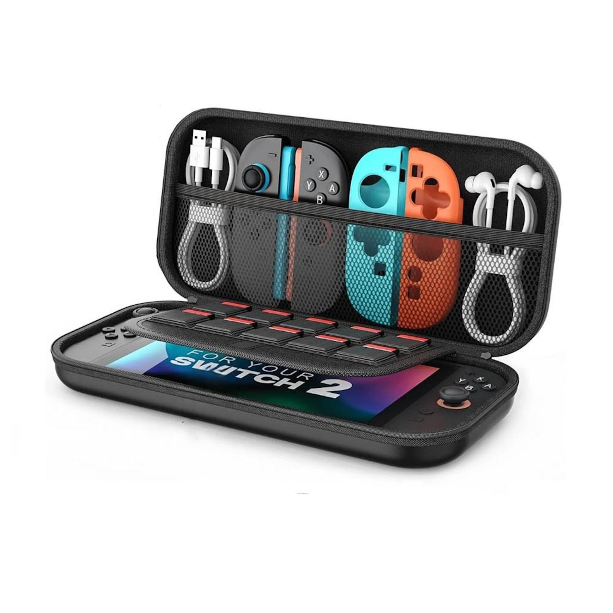 Schwarze Tasche mit Nintendo Switch, Controllern, Kabeln und Kopfhörern.