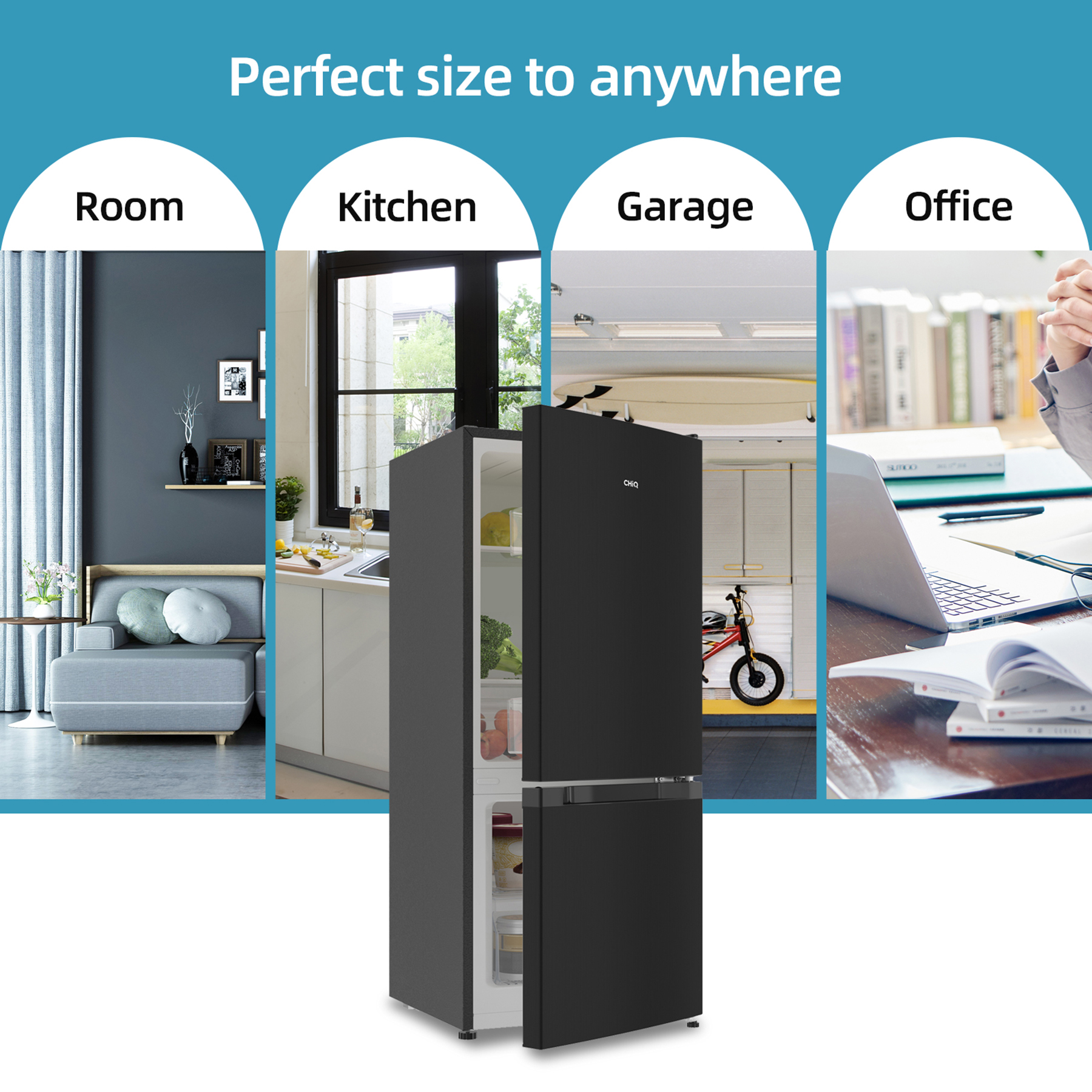 Ein schwarzer Kühlschrank steht vor einer Collage aus Wohnzimmer, Küche, Garage und Büro.