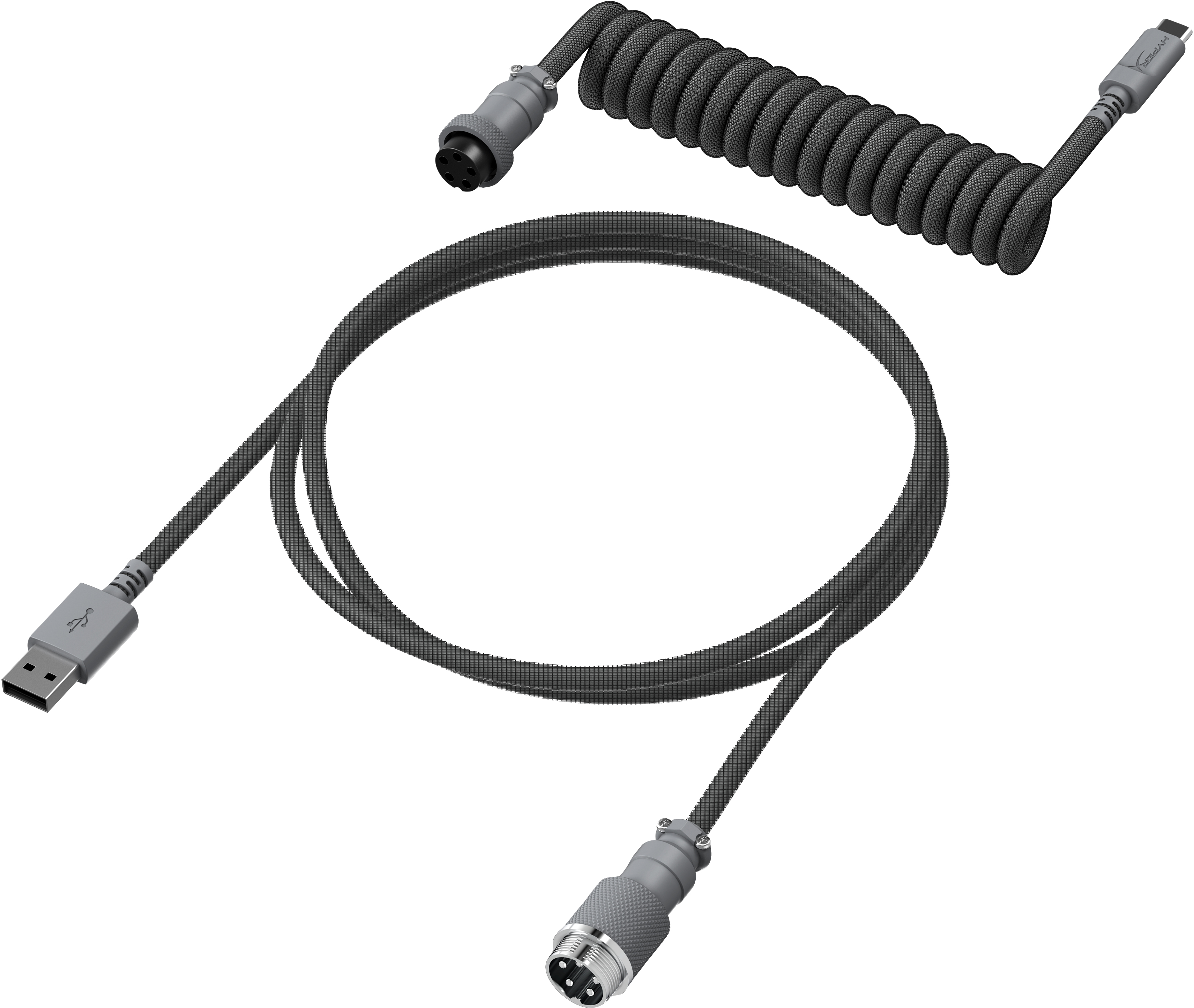 Due cavi grigi con connettori USB-A, USB-C e a 5 pin giacciono uno accanto all'altro.