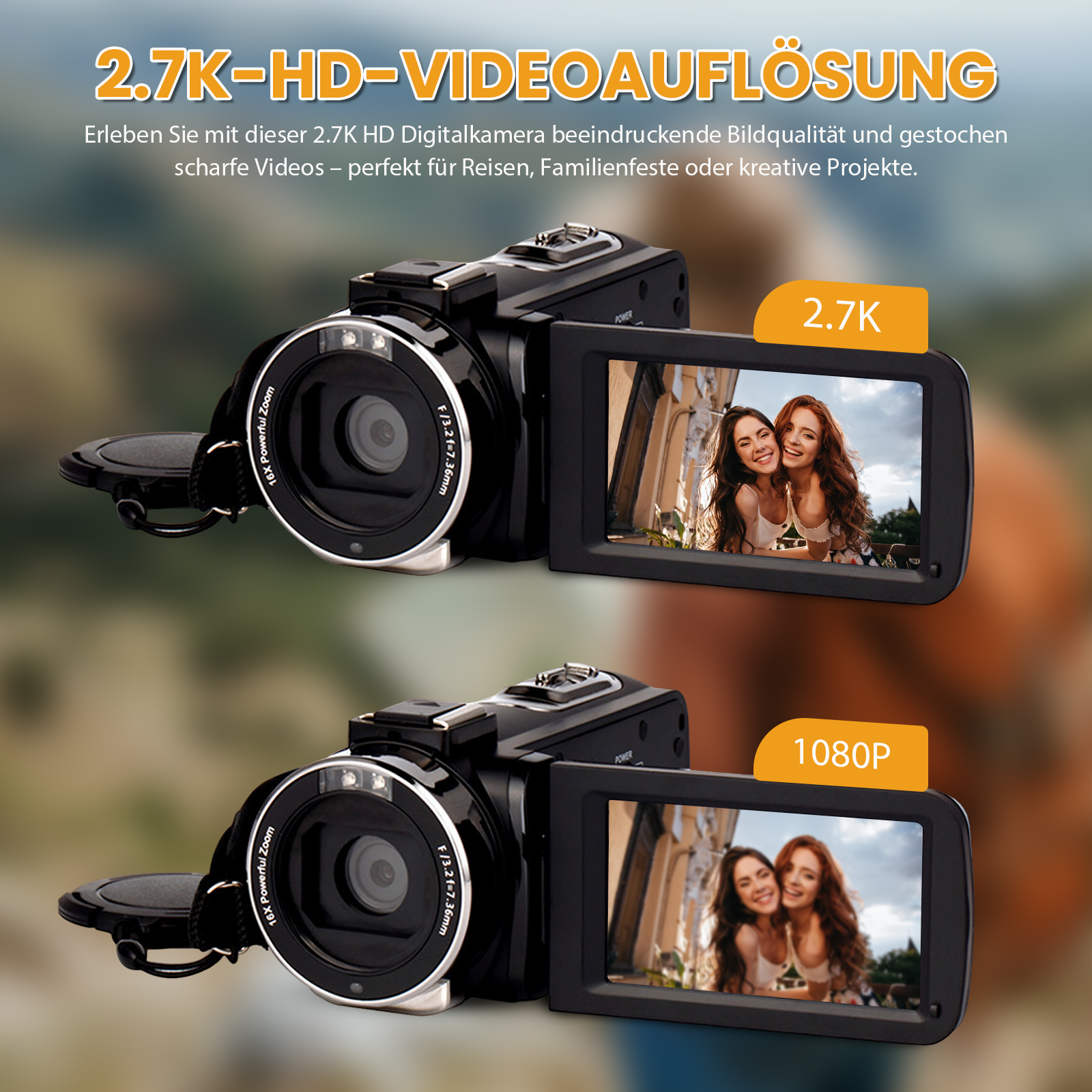 Zwei Kameras zeigen zwei Frauen. Eine zeigt 2.7K, die andere 1080P.