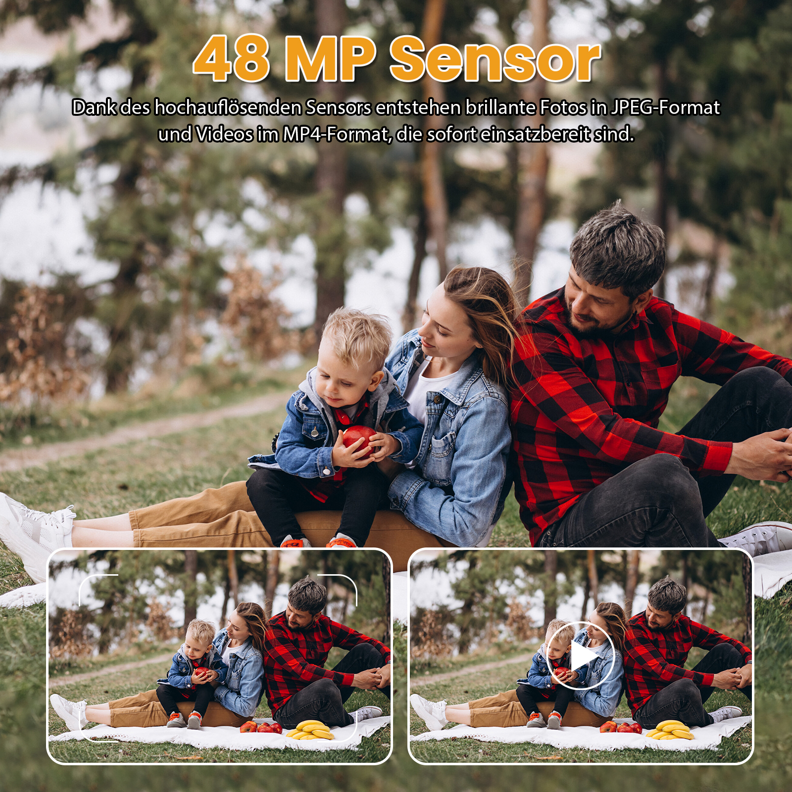 Familie beim Picknick im Wald, mit Text über 48 MP Sensor.