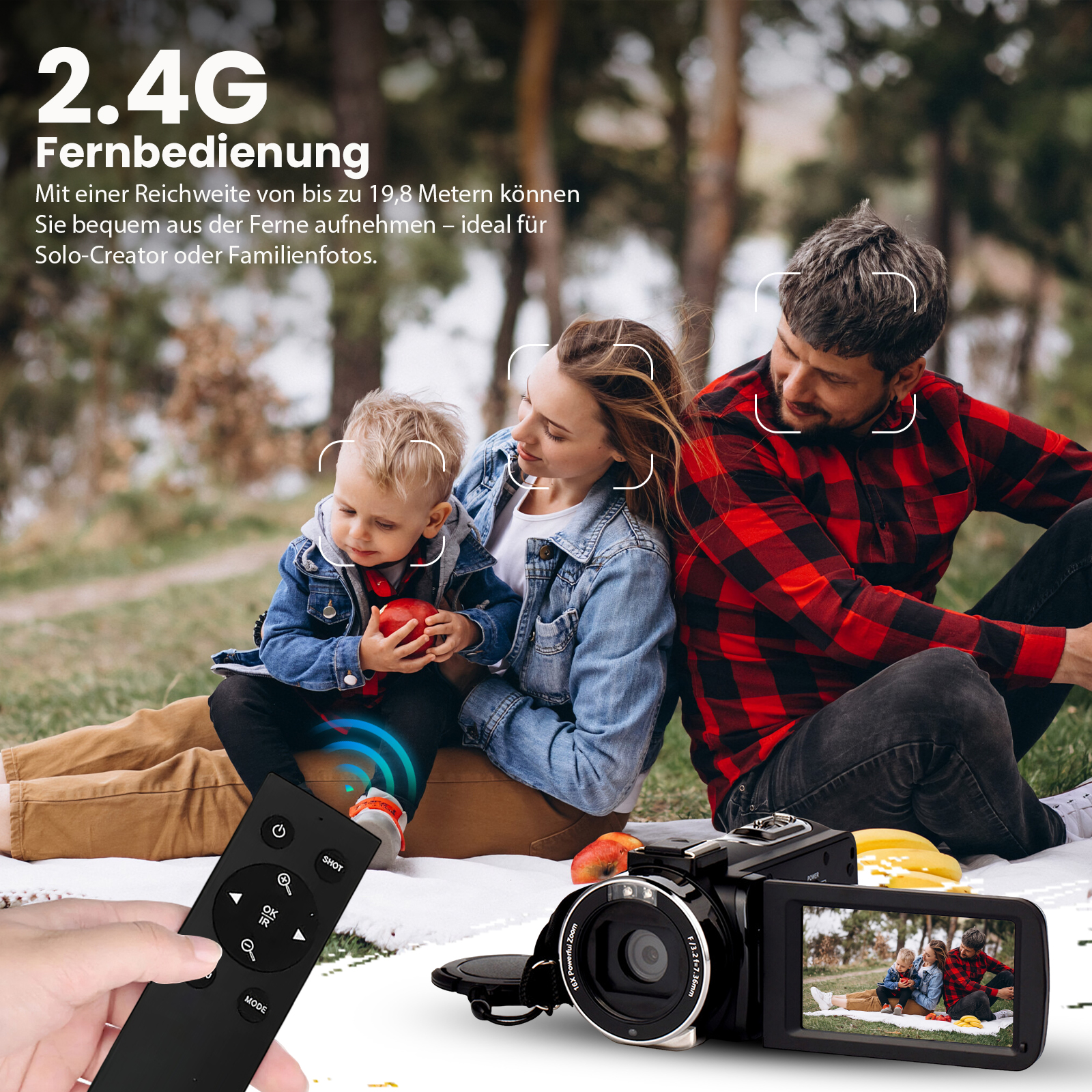 Familie im Park mit Fernbedienung und Kamera, 2.4G Fernbedienung.