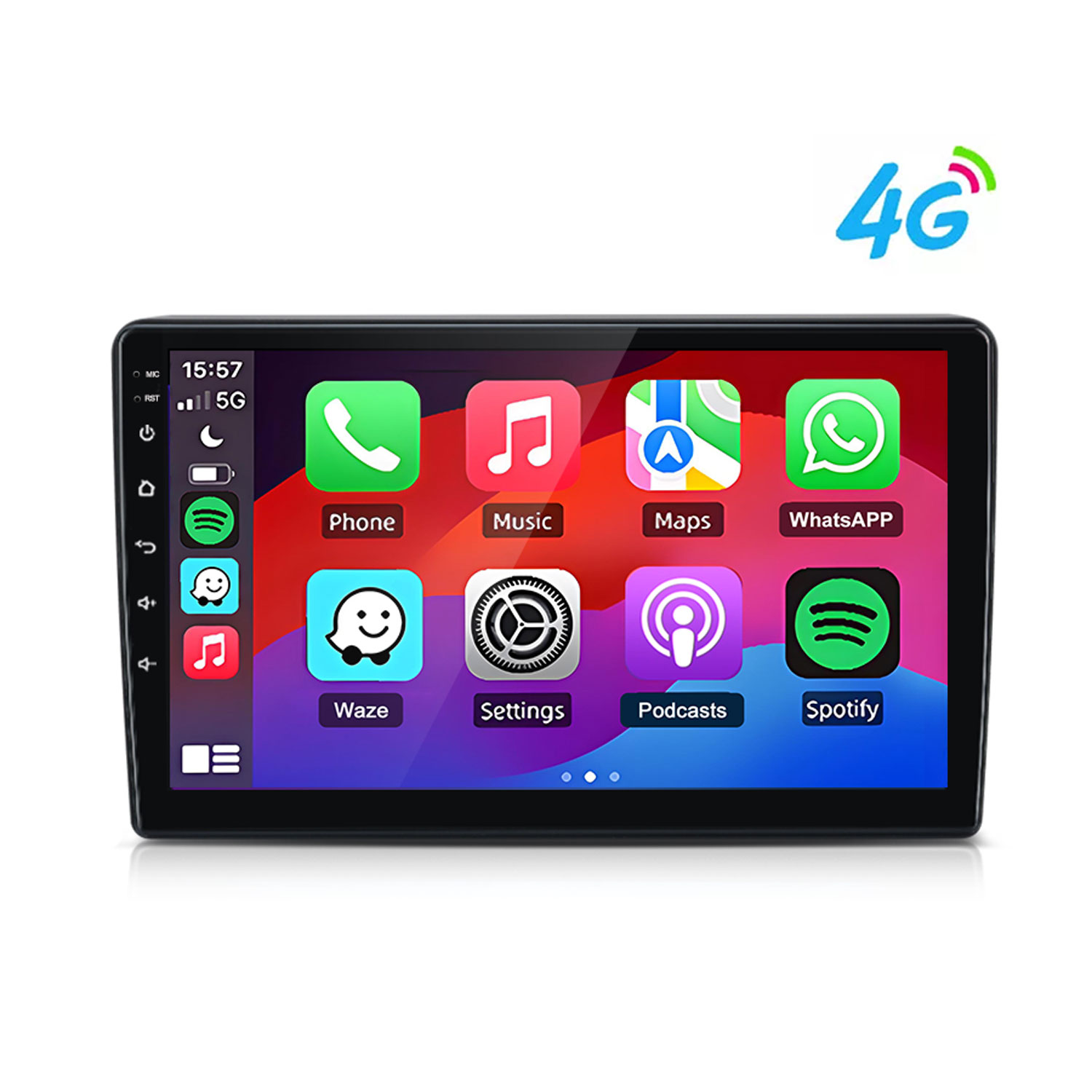 Ein Autoradio-Touchscreen zeigt App-Symbole: Telefon, Musik, Karten, WhatsApp, Waze, Einstellungen, Podcasts, Spotify.