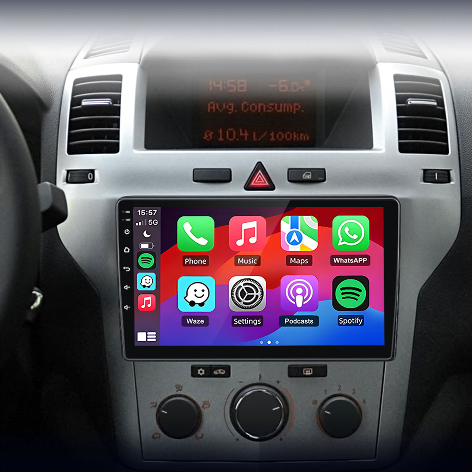 Un sistema di infotainment per auto con icone di app per Telefono, Musica, Mappe e Spotify.