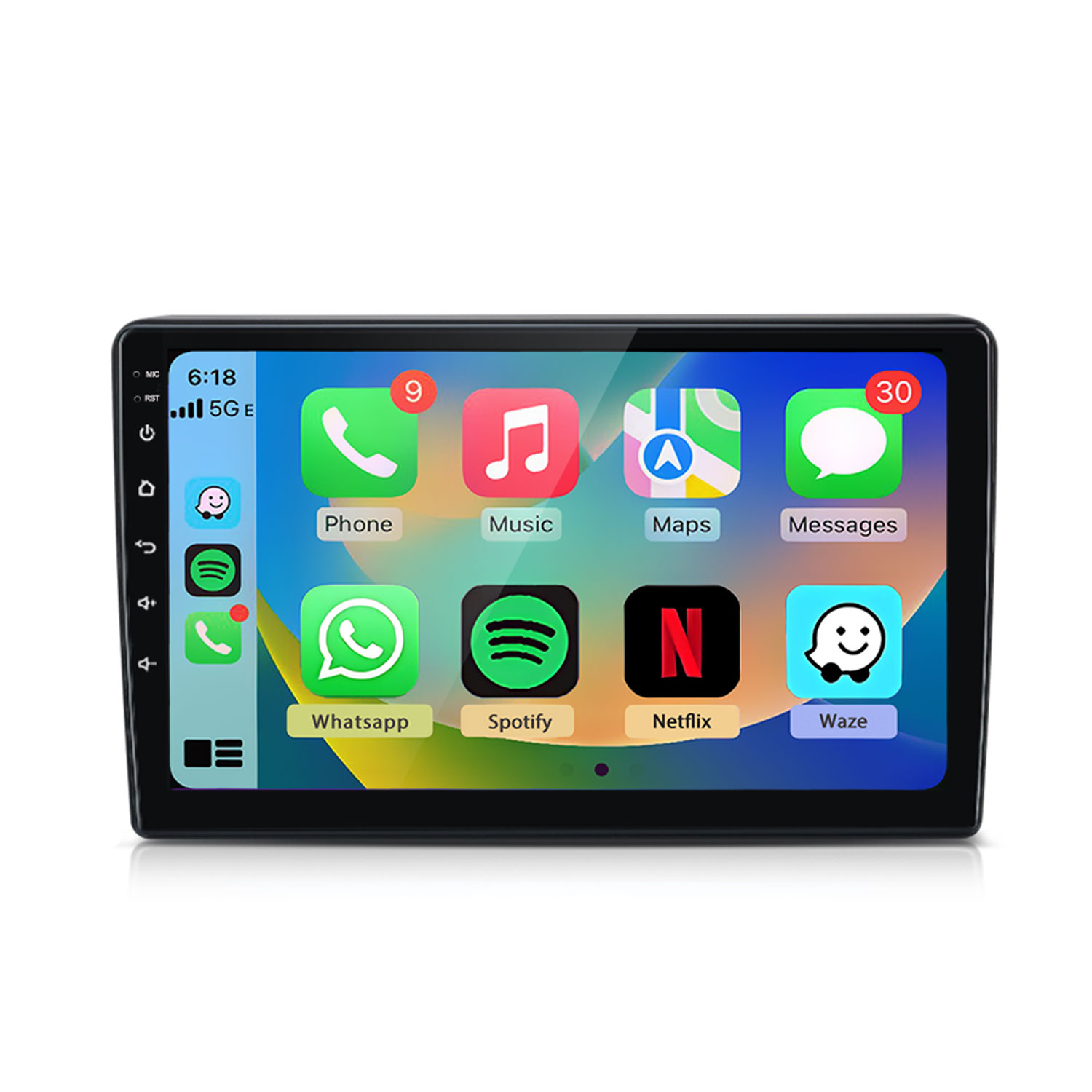 Ein Auto-Infotainment-Bildschirm mit App-Symbolen wie Telefon, Musik, Karten, Nachrichten, WhatsApp, Spotify, Netflix und Waze.