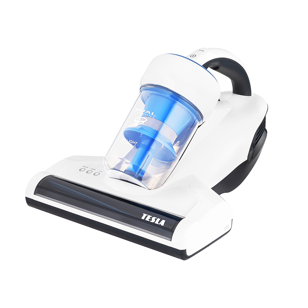 Un aspirapolvere portatile bianco con contenitore ciclonico blu e logo TESLA.