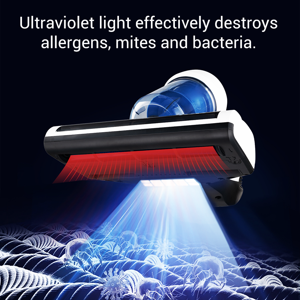 La luce UV dalla testina dell'aspirapolvere brilla sul tessuto, uccidendo germi e acari.