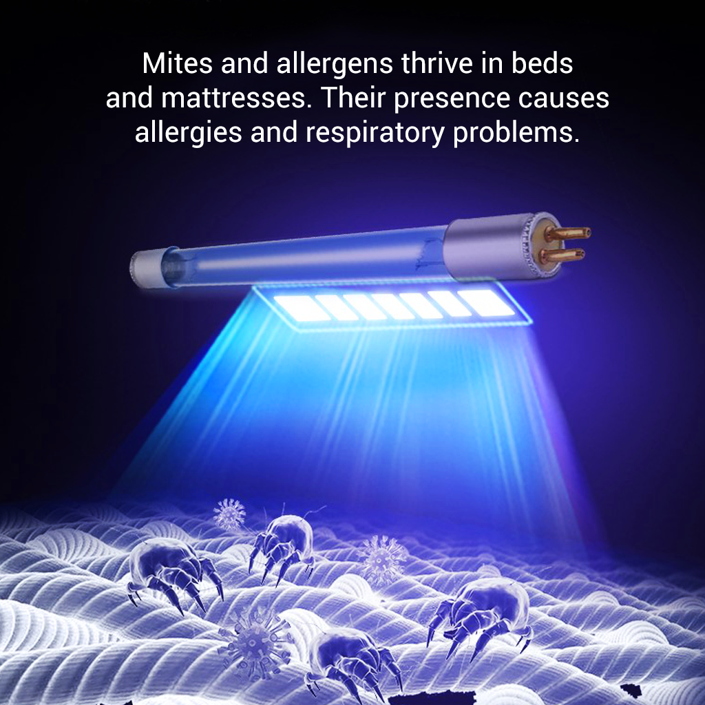 Lampada UV illumina acari della polvere su fibre di materasso.