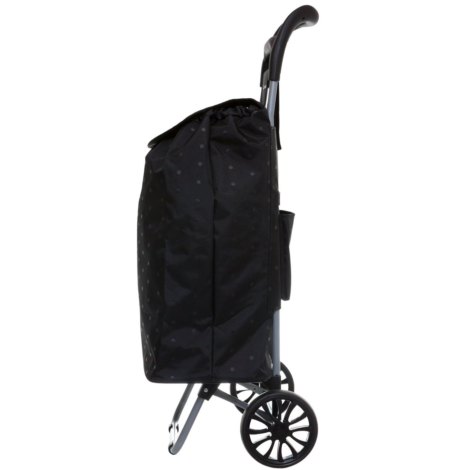 Zwarte boodschappentrolley met stippen, wielen en handvat.