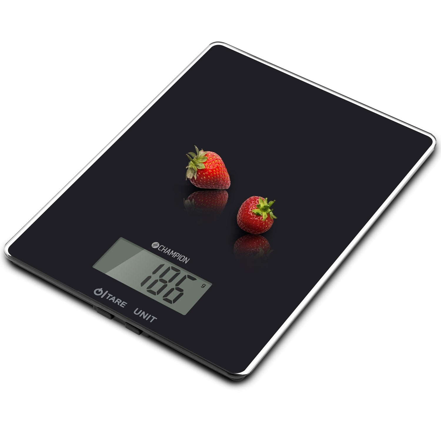 Black digital kitchen scale with two strawberries showing 186g.