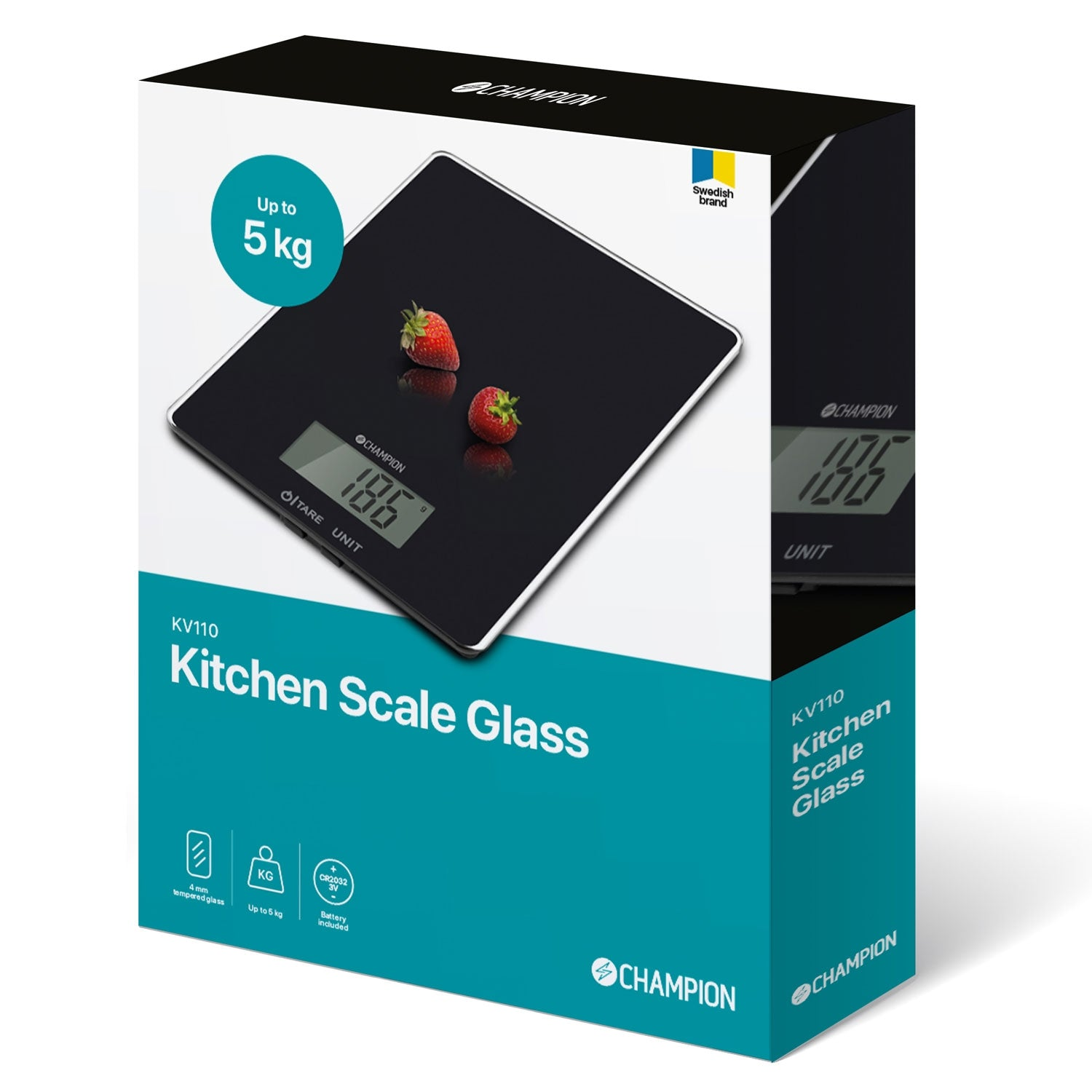 Black kitchen scale with two strawberries, up to 5 kg, Champion brand.