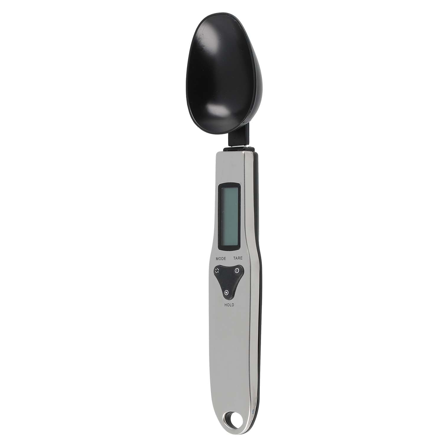 A digital spoon scale with a black scoop and silver handle. Features Mode, Tare, and Hold buttons.