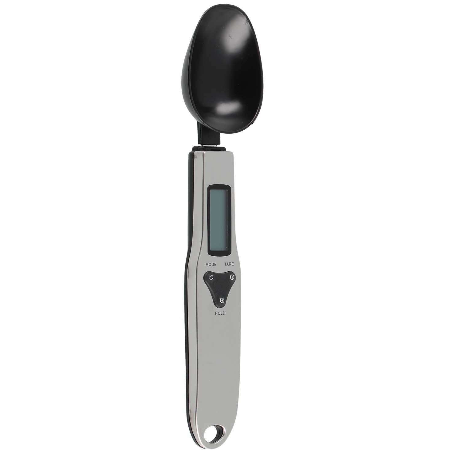 A digital spoon scale with a black scoop and silver handle.