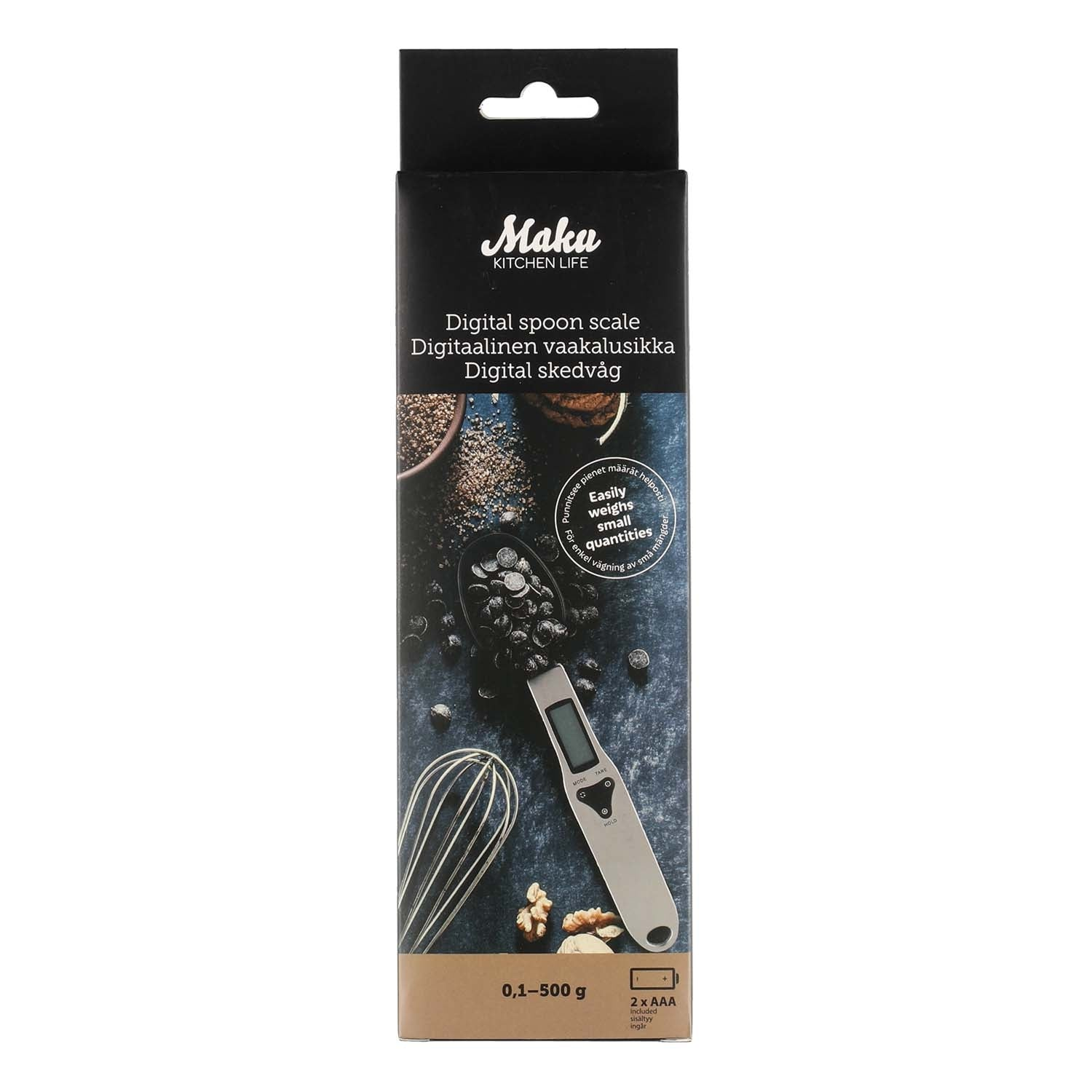 Packaging for a digital spoon scale with ingredients and kitchen utensils.