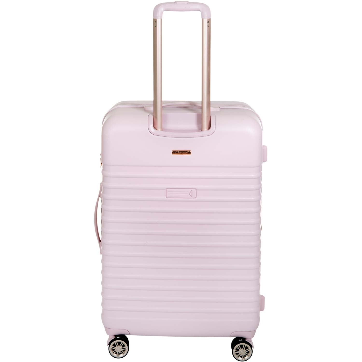 A light pink suitcase with a telescopic handle and wheels.