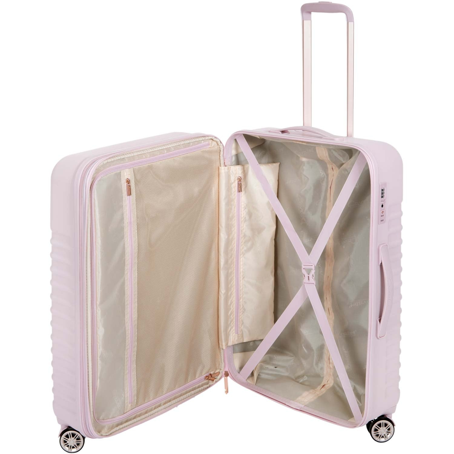 An open, pink suitcase with a telescopic handle and wheels.